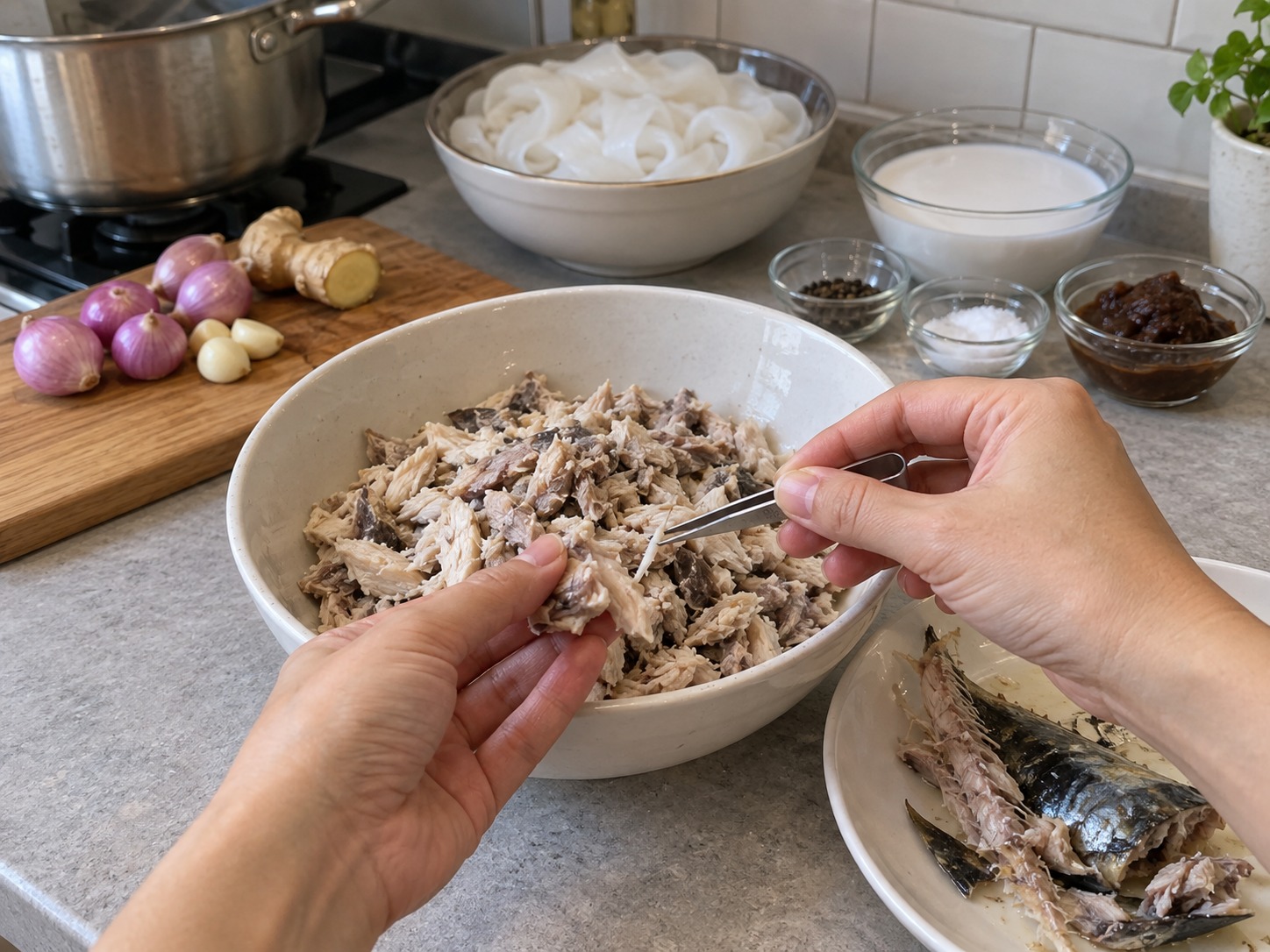 馬來西亞吉蘭丹魚汁米卷 Laksam — 仔細拆出魚肉，逐片摸查並除去幼骨和魚皮