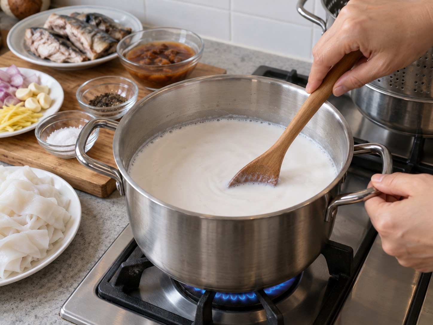 馬來西亞吉蘭丹魚汁米卷 Laksam — 椰奶以小火加熱，持續攪拌避免油水分離