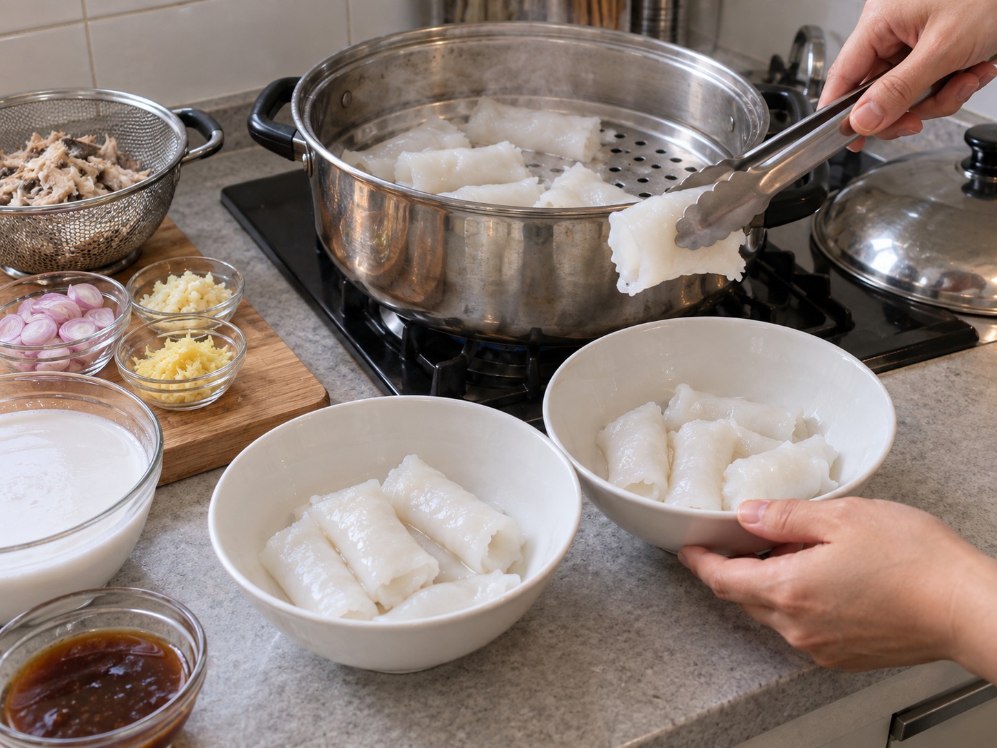 馬來西亞吉蘭丹魚汁米卷 Laksam — 米漿卷以蒸氣回熱至柔軟，分放深碗