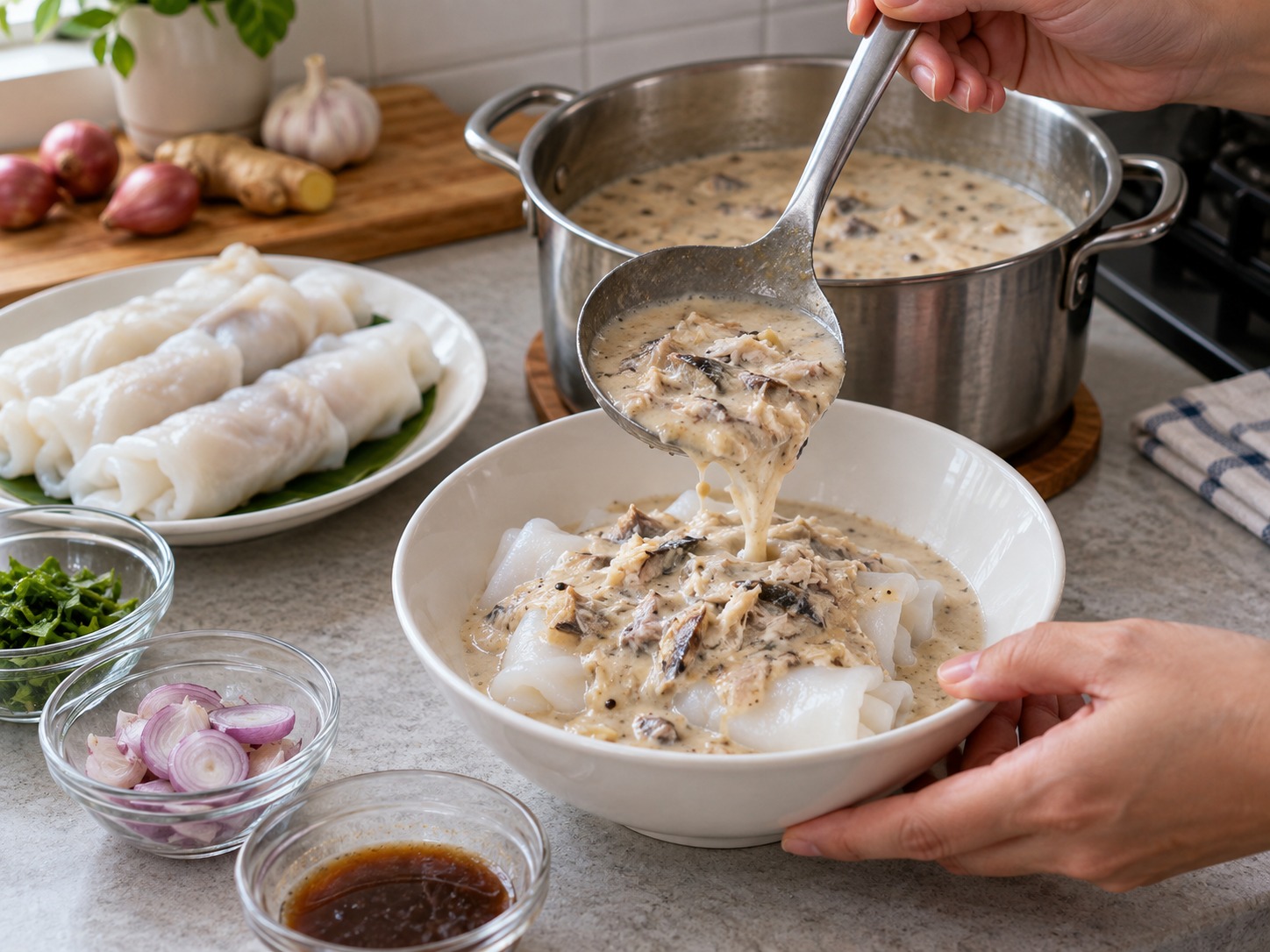馬來西亞吉蘭丹魚汁米卷 Laksam — 把熱鯖魚椰汁淋滿米卷，立即上桌
