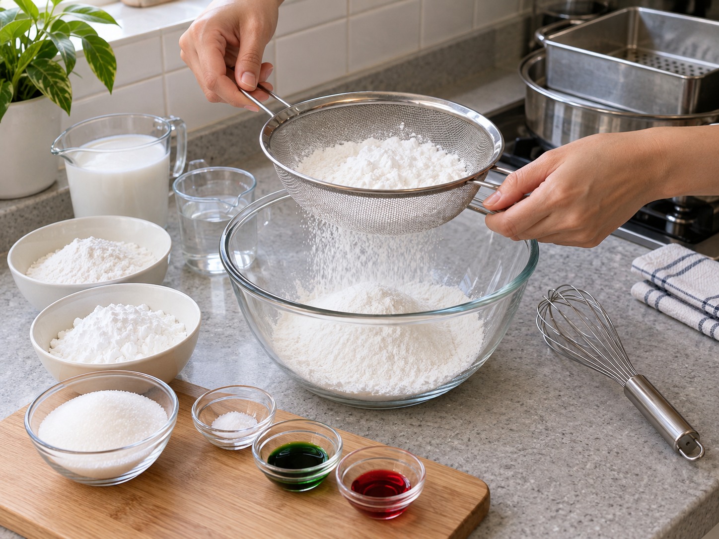 Malaysian Kuih Lapis — Sift rice flour and tapioca into a bowl