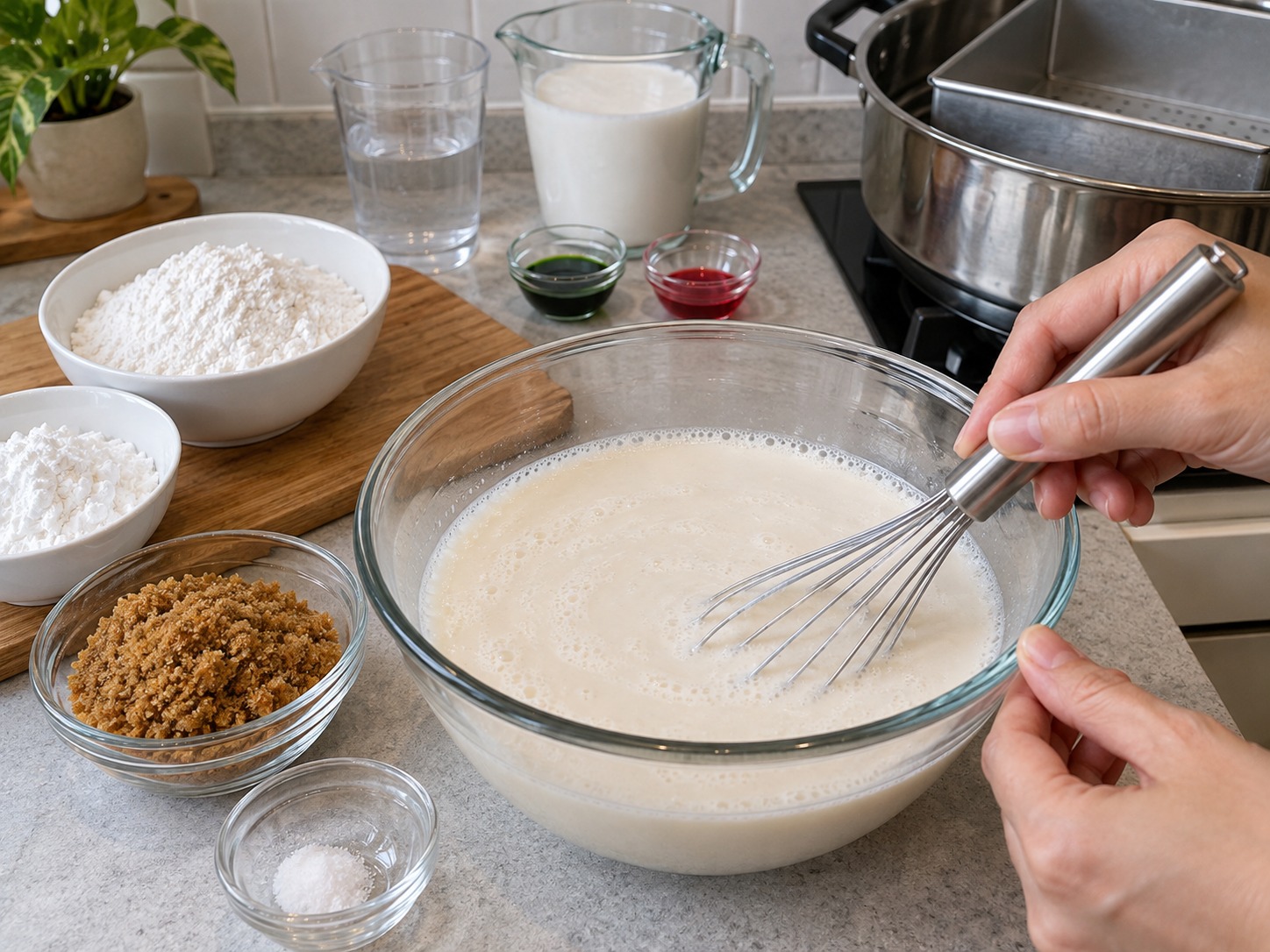 Malaysian Kuih Lapis — Dissolve coconut milk, water, sugar and salt