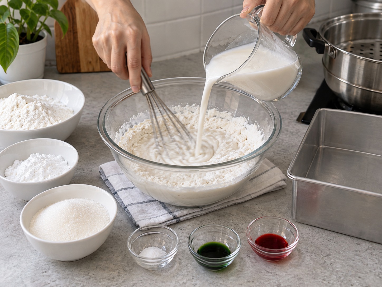 Malaysian Kuih Lapis — Whisk liquid gradually into flour