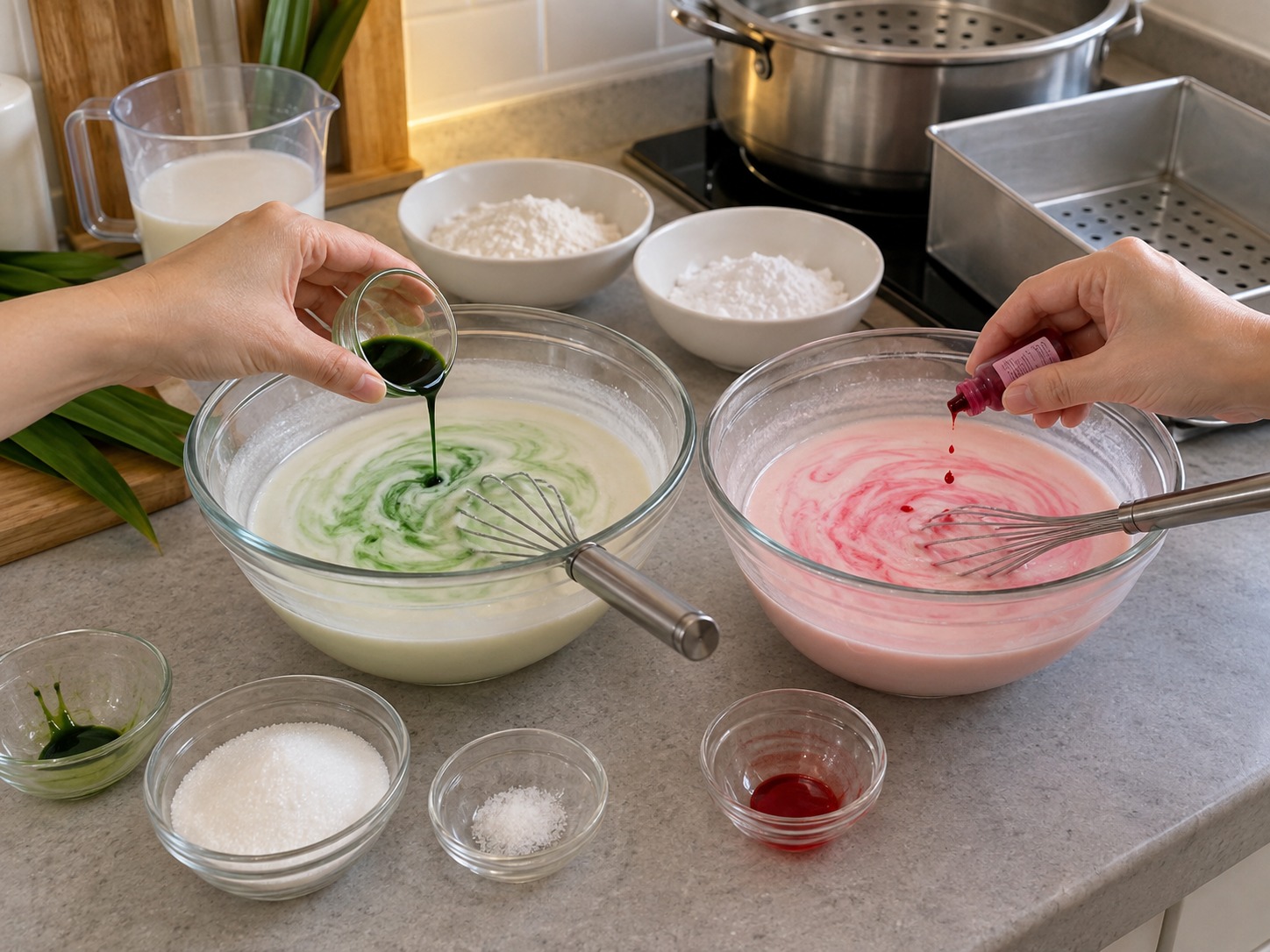 Malaysian Kuih Lapis — Add pandan to one and red colour to the other