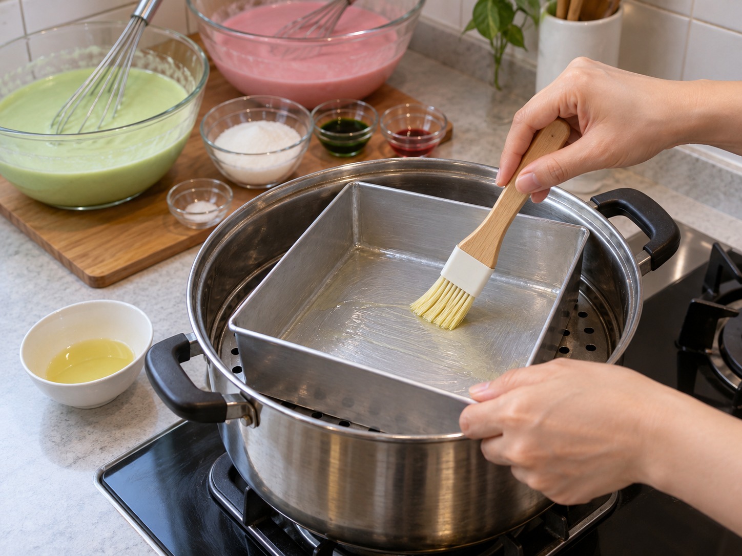 Malaysian Kuih Lapis — Lightly oil and preheat the steaming tin