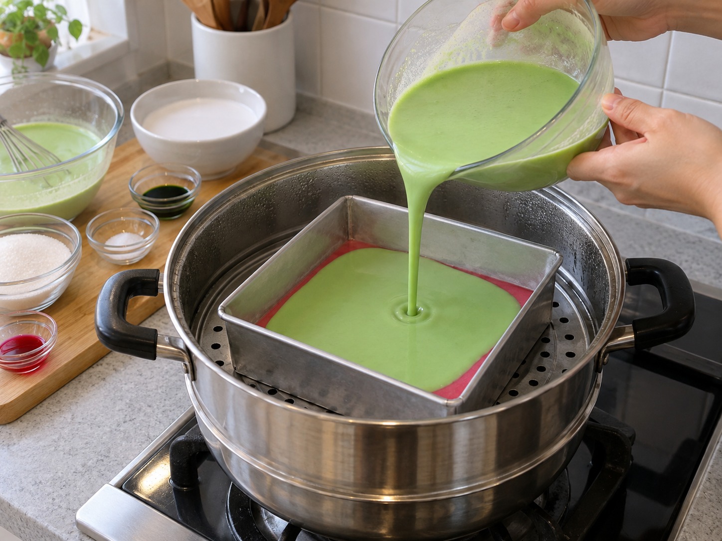 Malaysian Kuih Lapis — Pour a green layer and steam four minutes