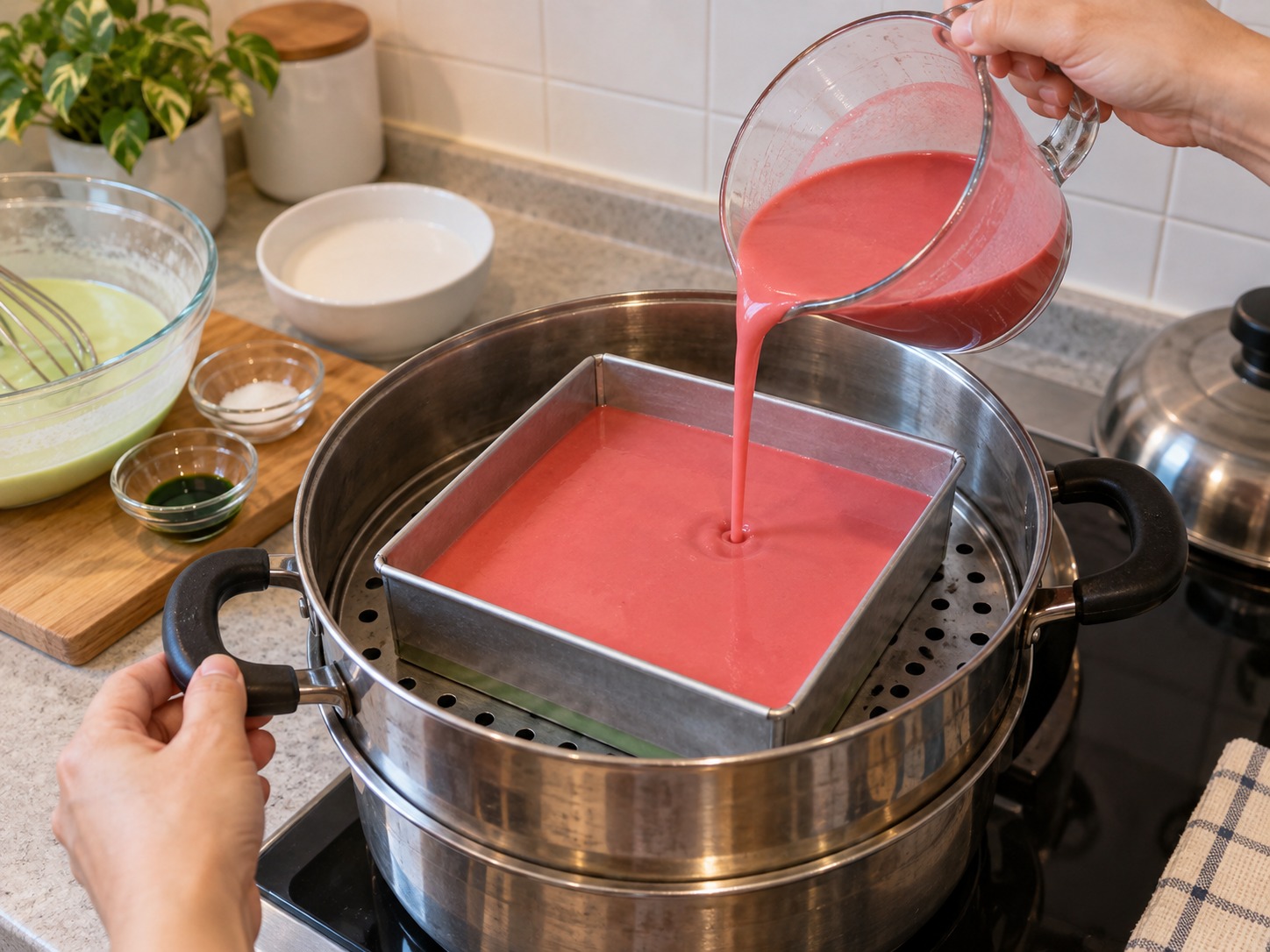 Malaysian Kuih Lapis — Add an equal red layer and steam four minutes