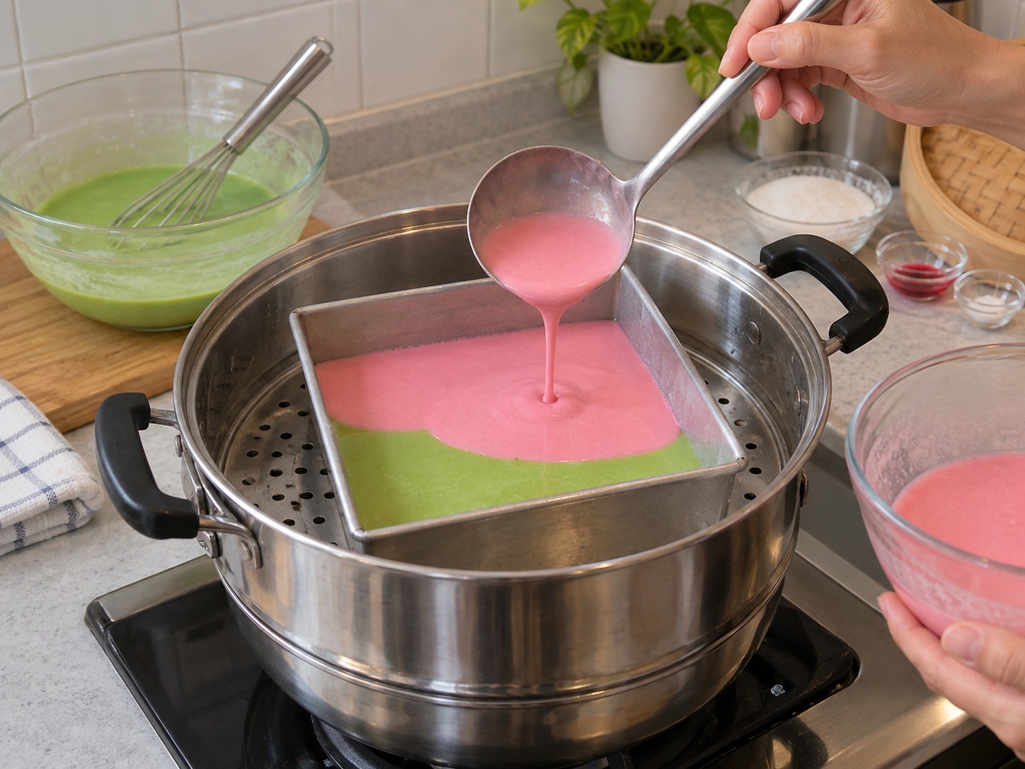 Malaysian Kuih Lapis — Alternate colours until batter is used