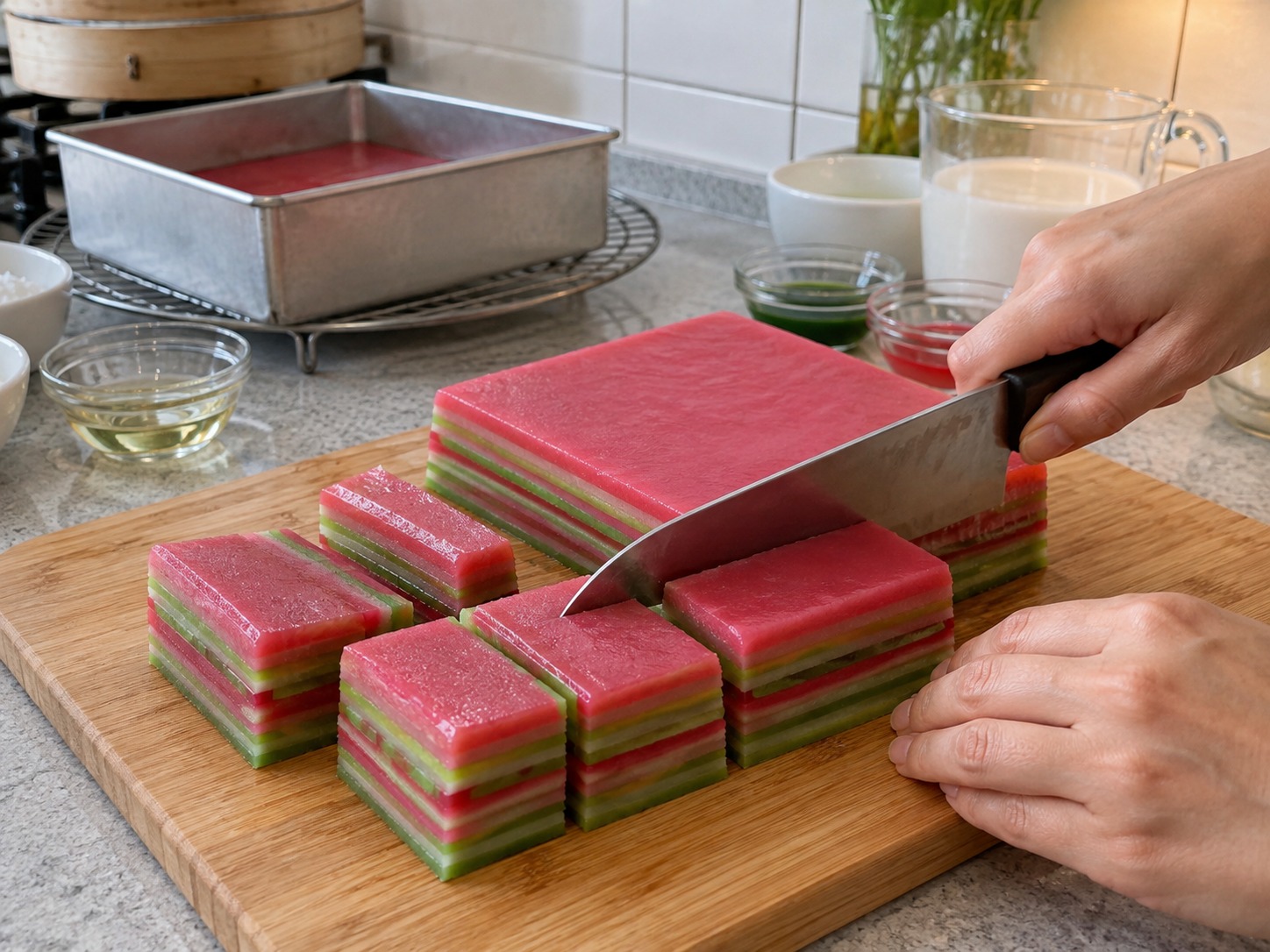Malaysian Kuih Lapis — Cool completely and cut with an oiled knife