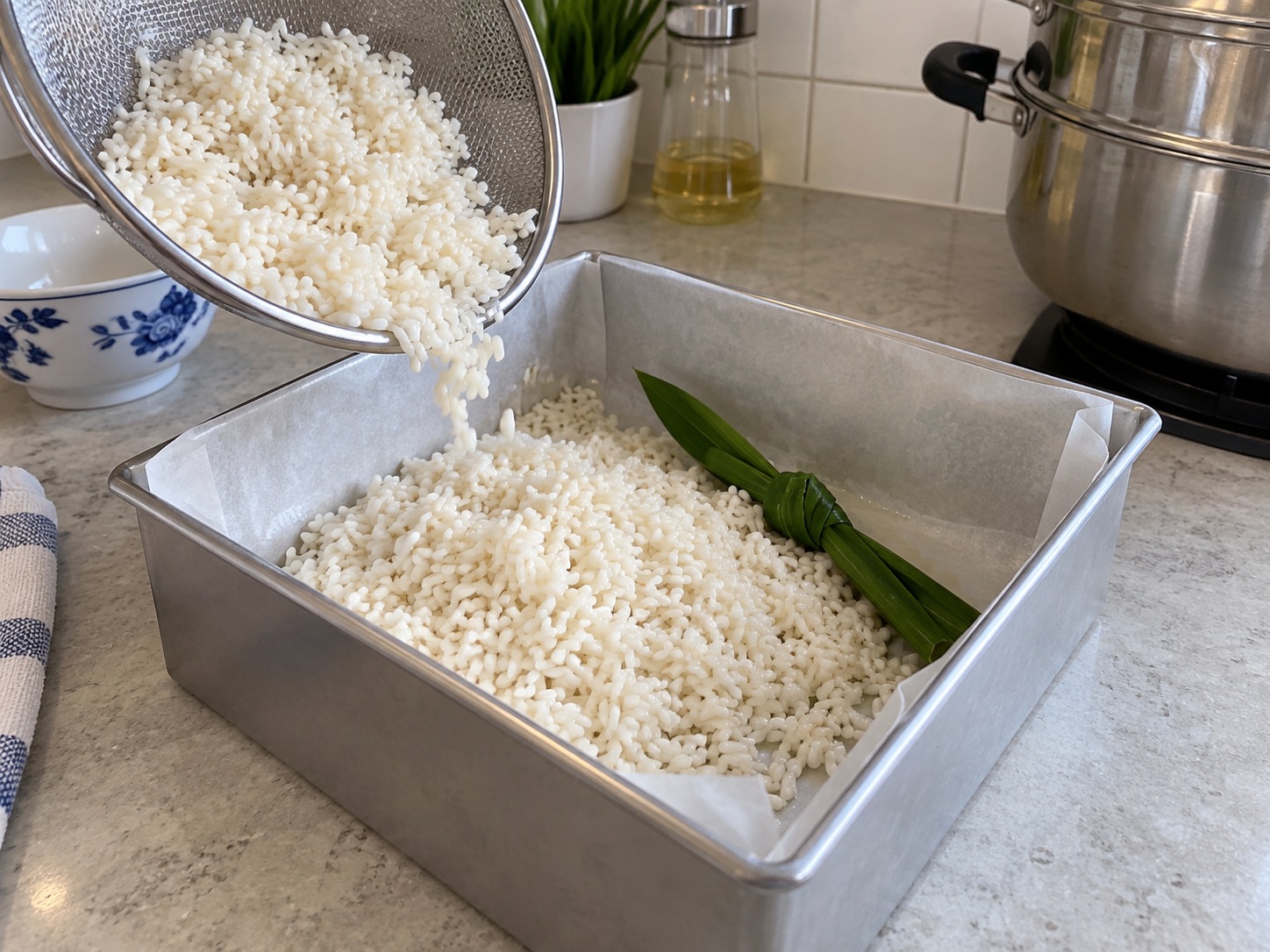 Malaysian Pandan Coconut Kuih Seri Muka — Drain and line pan