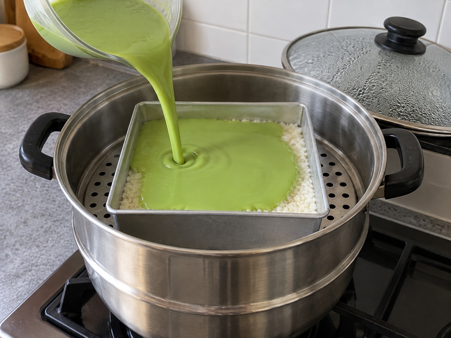 Malaysian Pandan Coconut Kuih Seri Muka — Pour and steam low