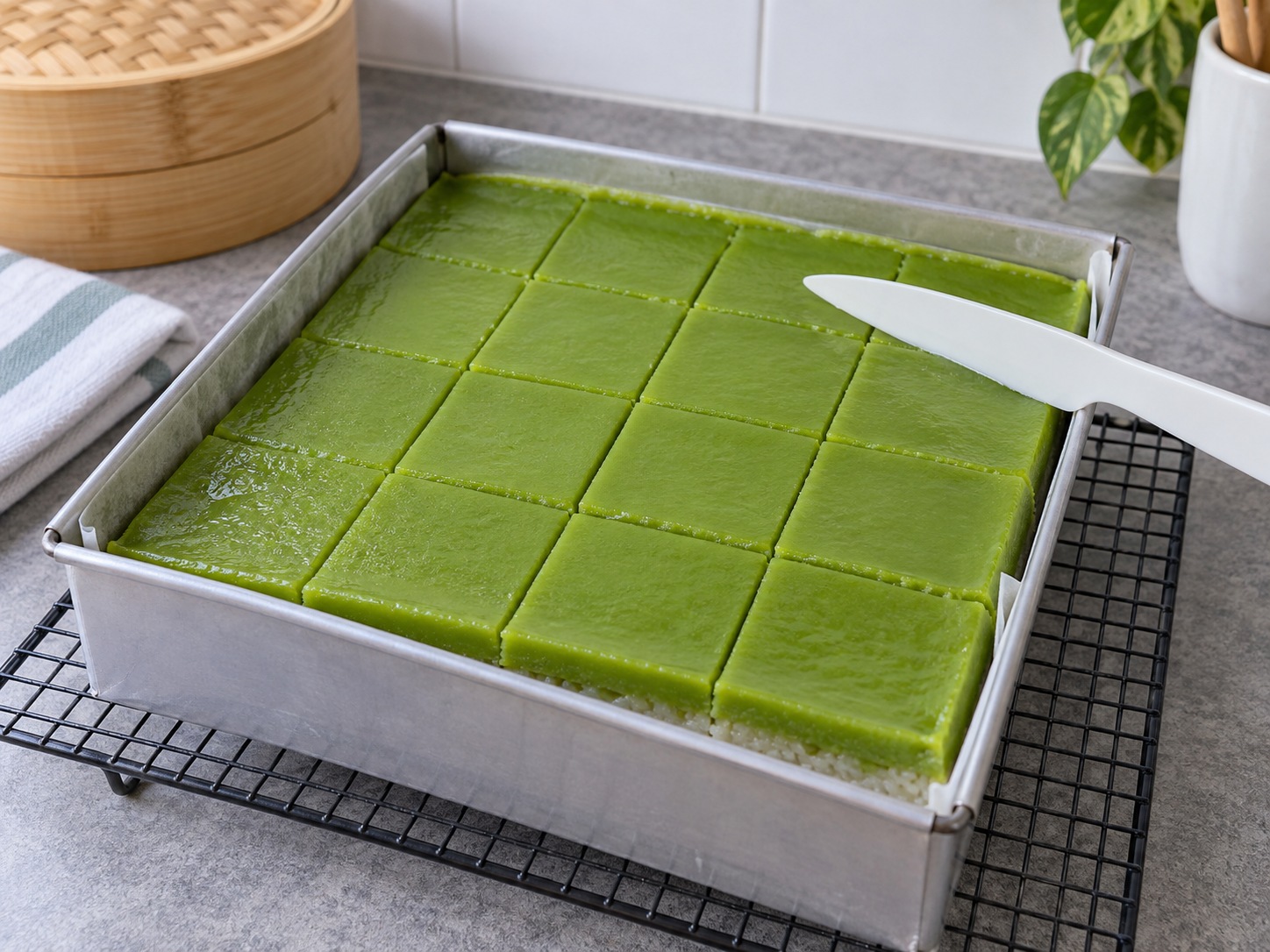 Malaysian Pandan Coconut Kuih Seri Muka — Cool and cut