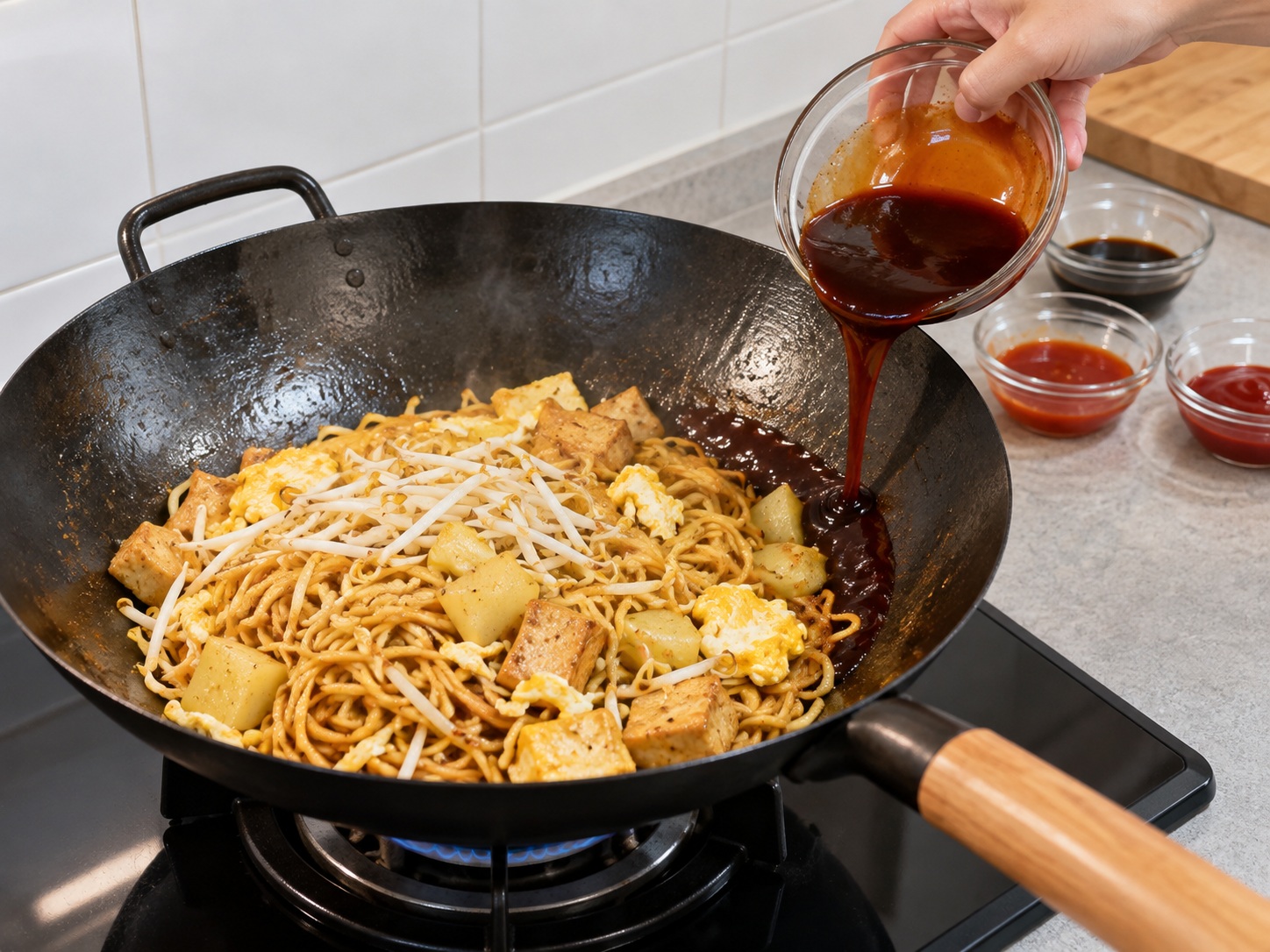 Mee Goreng Mamak Malaysia — Tuang saus