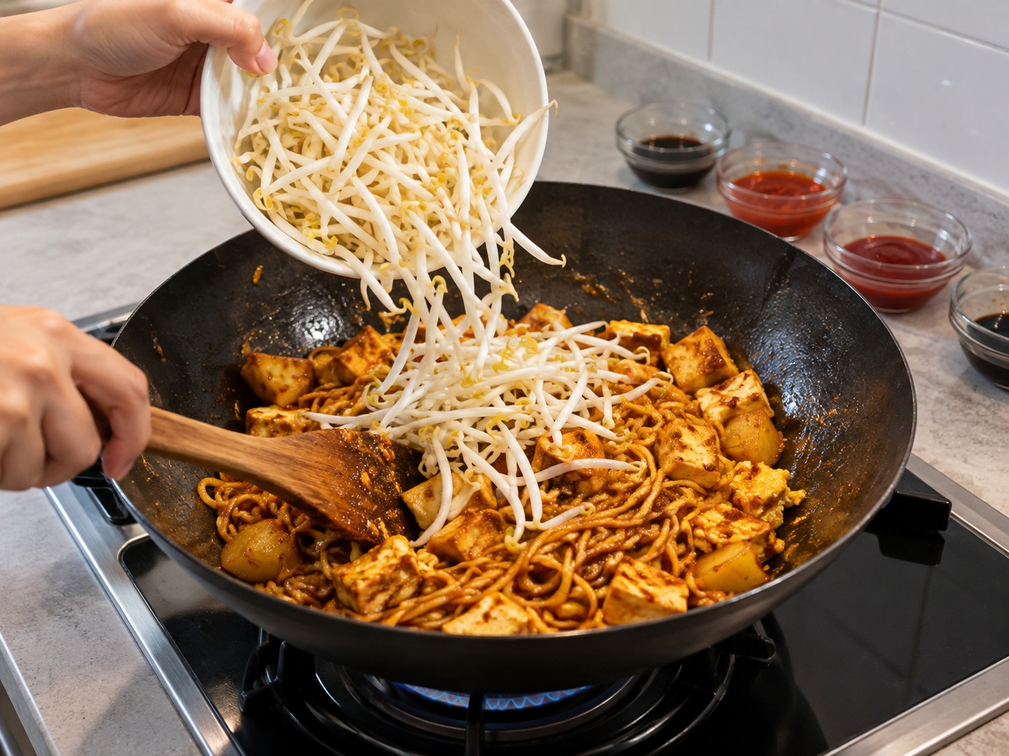 Mee Goreng Mamak Malaysia — Masukkan tauge