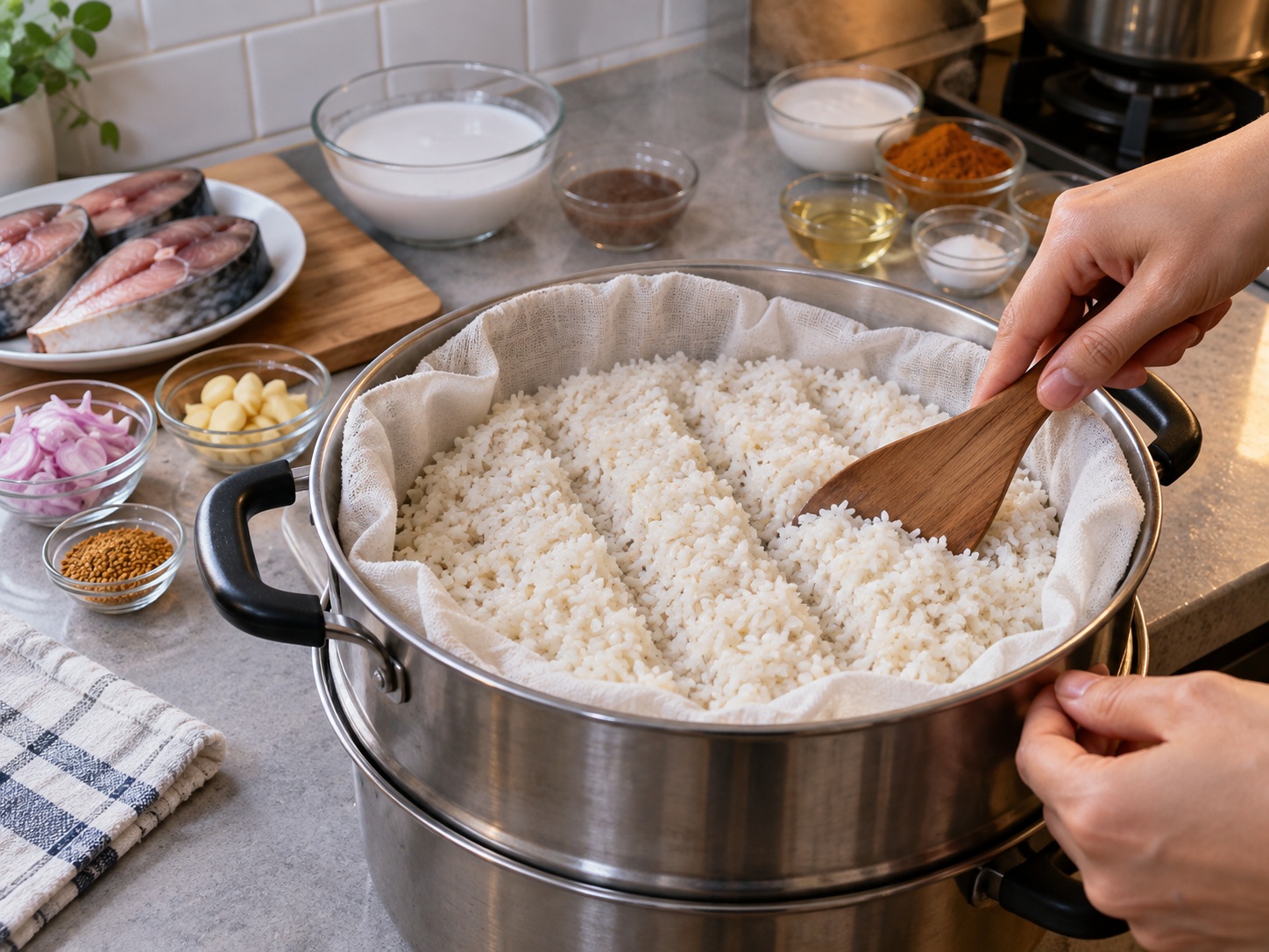 馬來西亞椰香香料飯配咖喱魚 — 首次蒸米