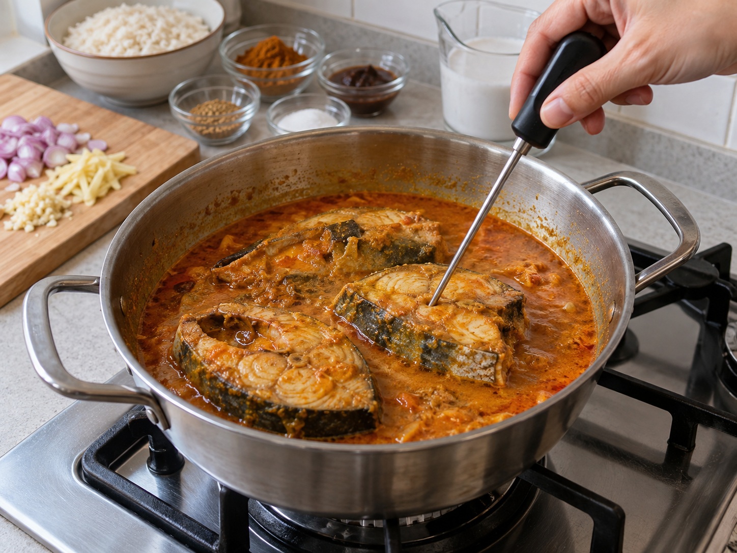 馬來西亞椰香香料飯配咖喱魚 — 檢查魚肉
