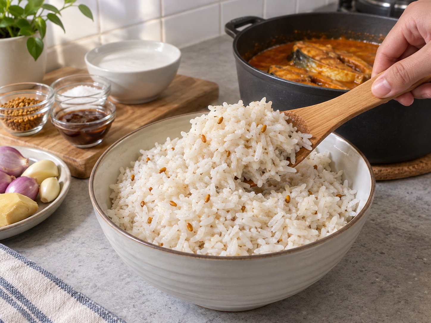 馬來西亞椰香香料飯配咖喱魚 — 檢查米心