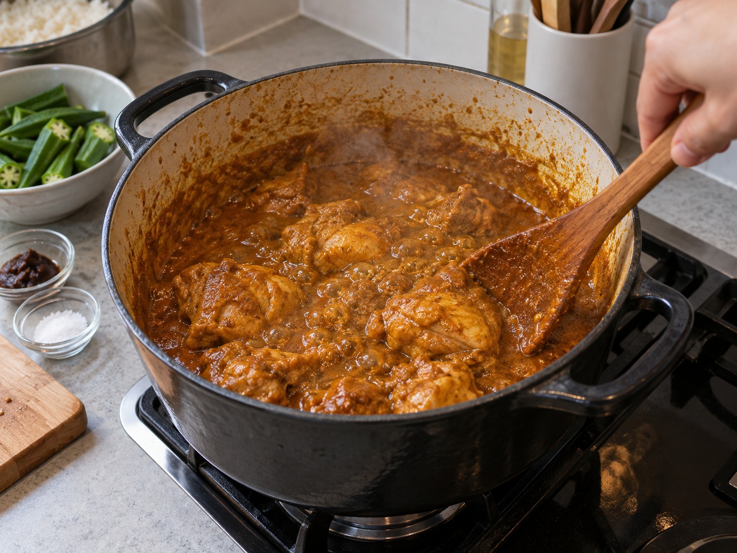 馬來西亞咖喱雞雜汁飯 Nasi Kandar — 開蓋把咖喱收至濃稠