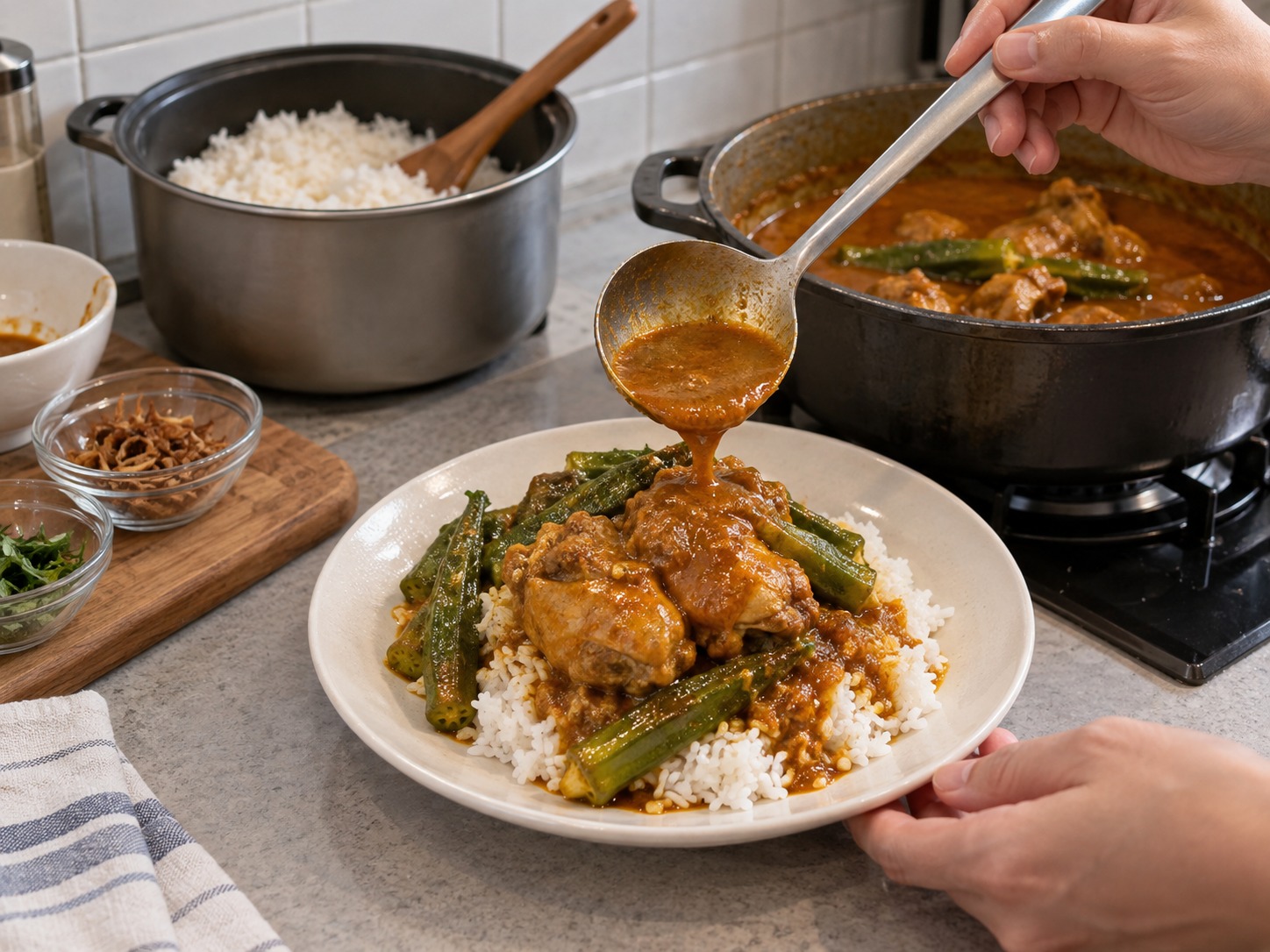 馬來西亞咖喱雞雜汁飯 Nasi Kandar — 白飯配雞和秋葵,淋上咖喱汁