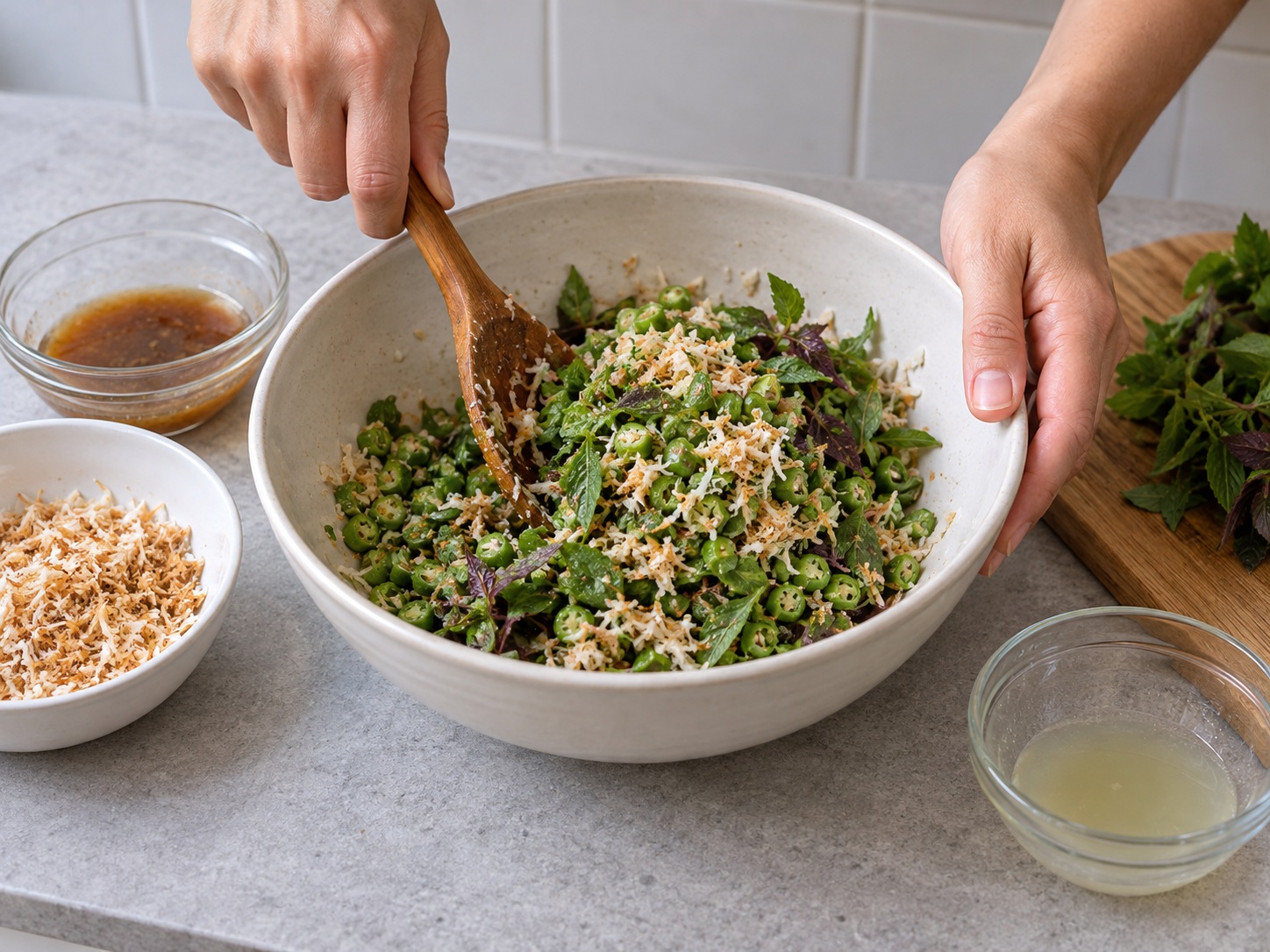 馬來西亞藍花香草飯 — 長豆角、香草和一半烤椰絲與青檸調味拌勻。