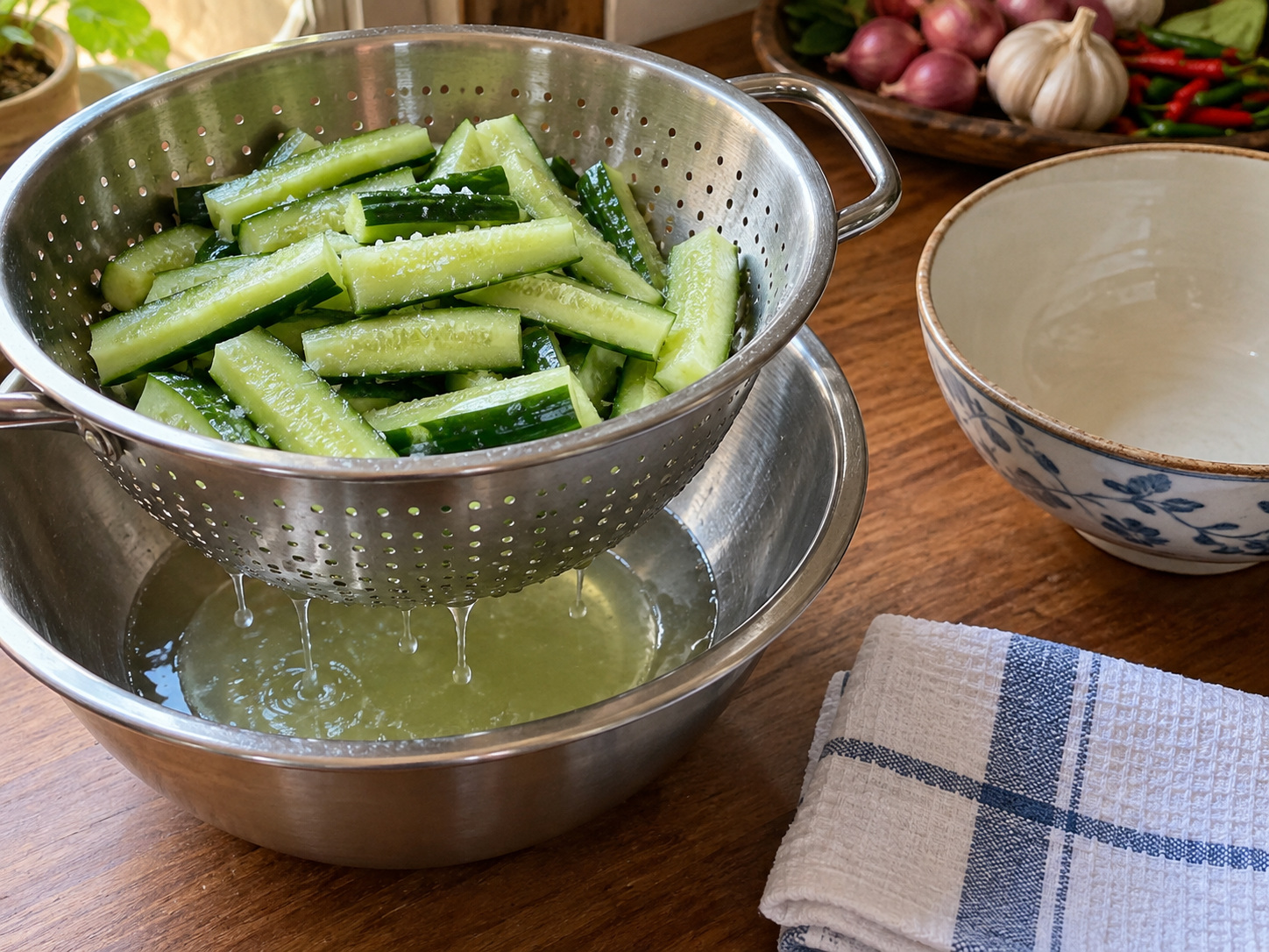 Malaysian Nyonya Acar na Gulay — 3. Asinan ang pipino nang 15 minuto at pigain ang sobrang tubig