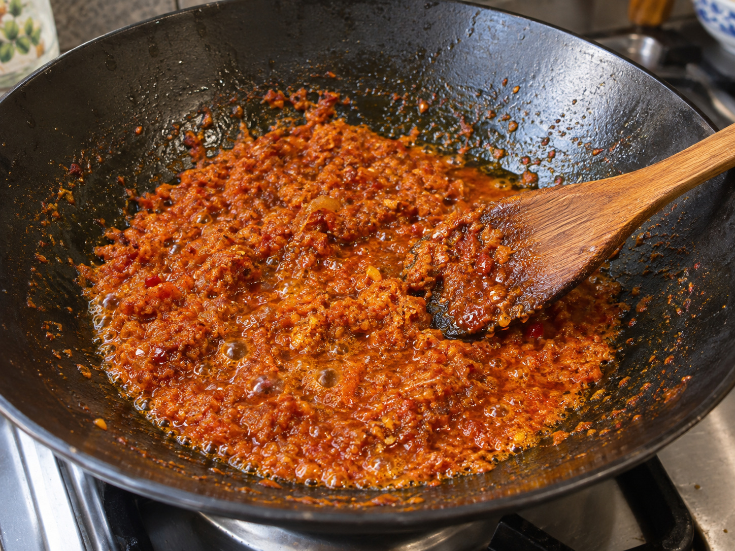 Malaysian Nyonya Acar na Gulay — 7. Magpainit ng mantika at igisa ang paste nang 8 minuto hanggang lubos na luto