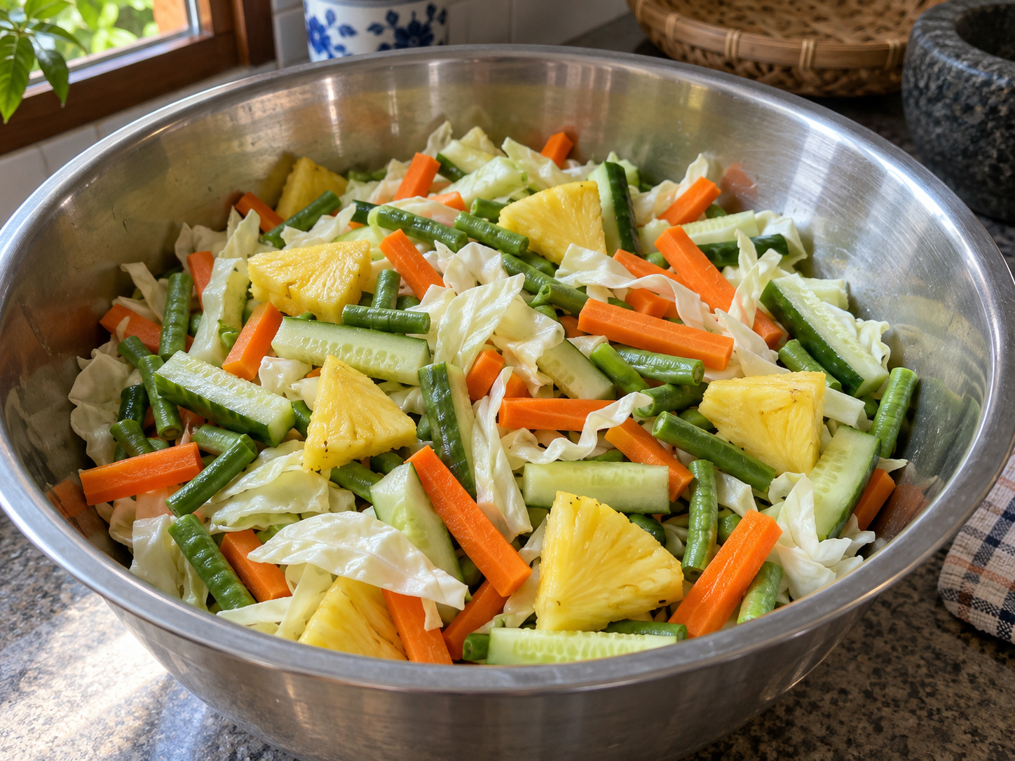 Malaysian Nyonya Acar na Gulay — 10. Ilagay ang lahat ng pinatulong gulay at pinya sa malinis na malaking mangkok