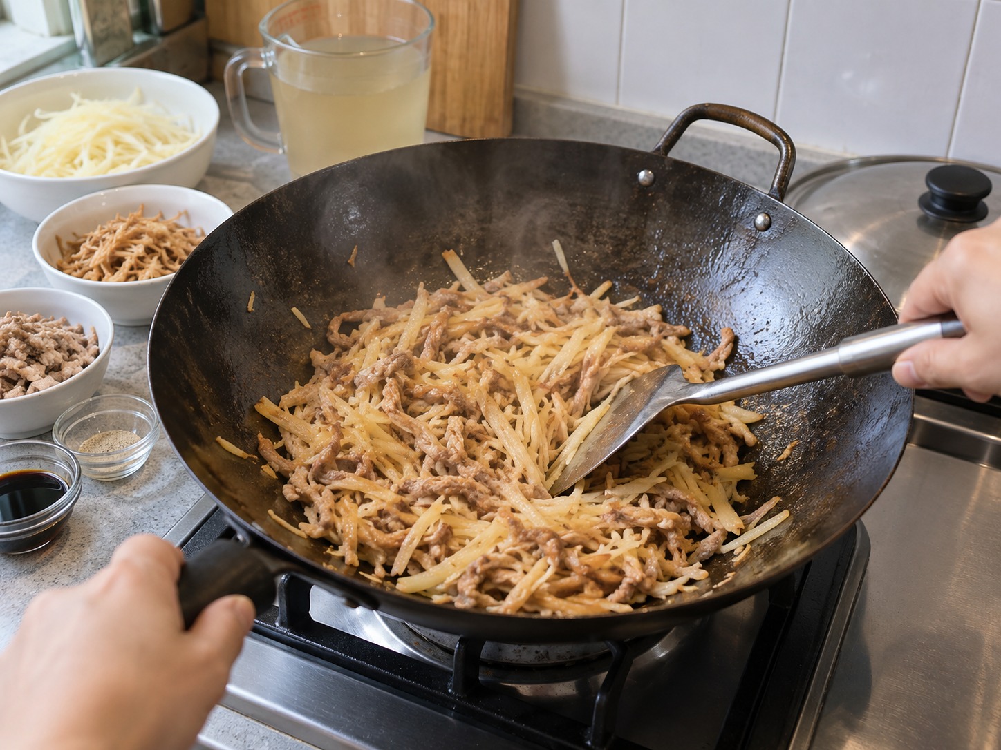 馬來西亞娘惹魷魚絲炒沙葛 Jiu Hu Char — 開蓋持續翻炒,收乾鍋底汁液