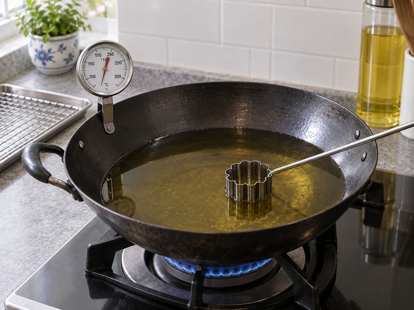 娘惹小金杯 — 炸油加熱至170°C；小金杯模具先浸熱油
