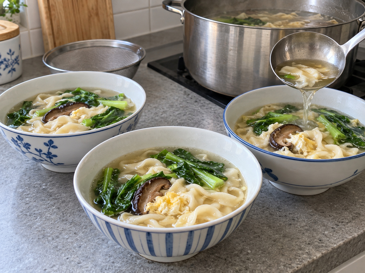 馬來西亞板麵 — 分碗盛出板麵及熱湯