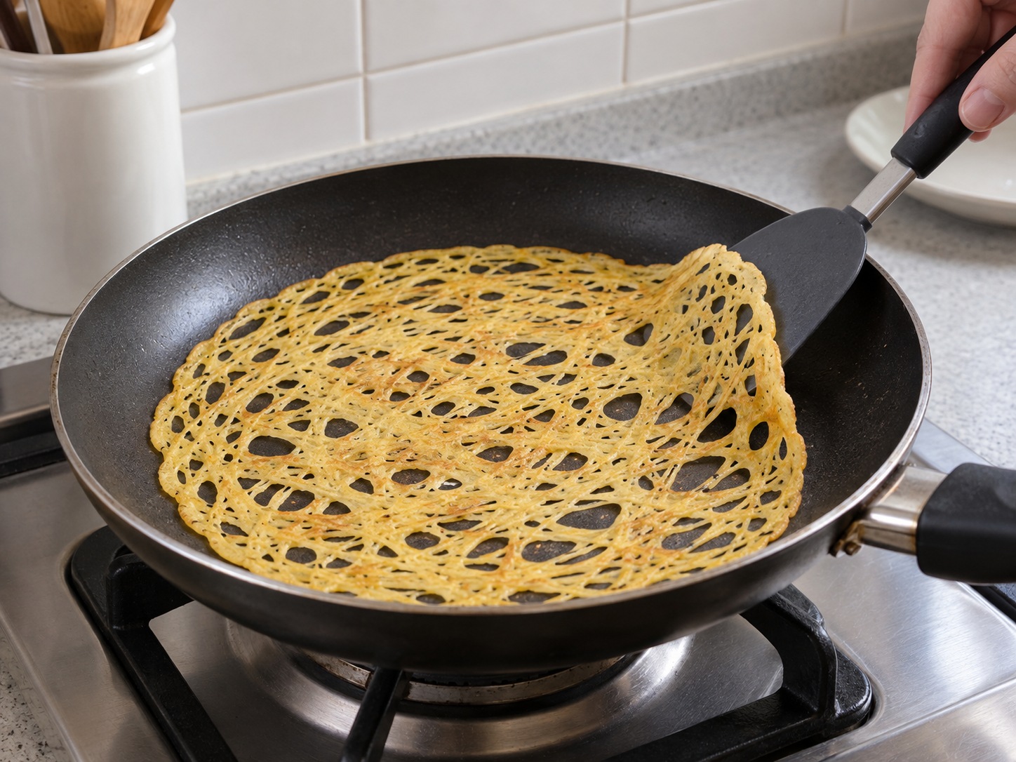 馬來西亞網狀薄餅 Roti Jala — 煎熟並鬆邊