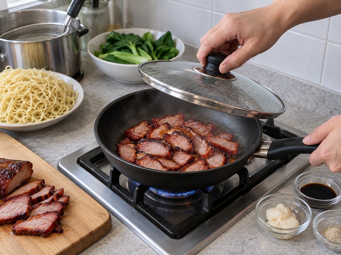 馬來西亞砂拉越乾撈麵 Kolo Mee — 乾鍋把叉燒片翻熱至中心至少七十五度，蓋好保溫