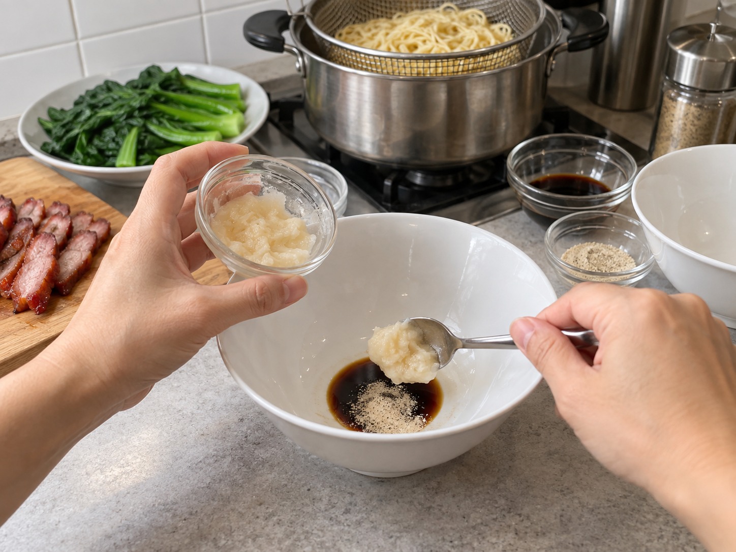 馬來西亞砂拉越乾撈麵 Kolo Mee — 每個食用碗加入豬油、生抽和白胡椒