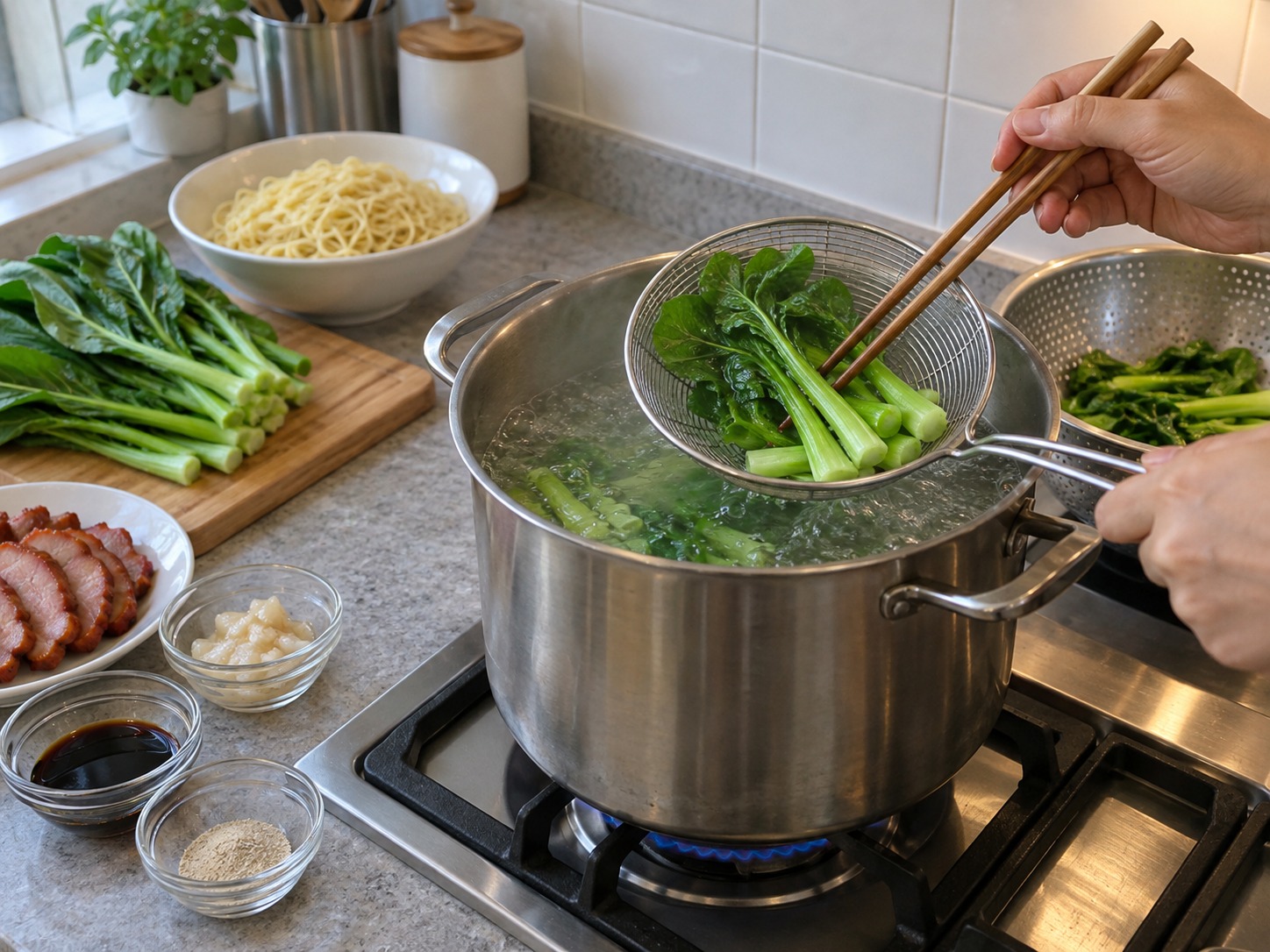 馬來西亞砂拉越乾撈麵 Kolo Mee — 大鍋水煮滾，菜心先下莖後下葉，灼熟後瀝乾