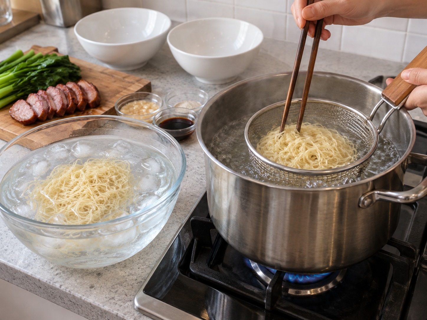 馬來西亞砂拉越乾撈麵 Kolo Mee — 麵快速過冷水，再回滾水浸五秒回暖