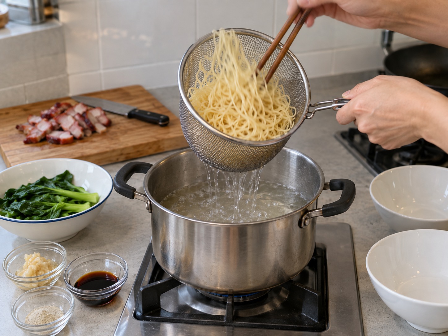 馬來西亞砂拉越乾撈麵 Kolo Mee — 用麵篩大力瀝乾，避免稀釋碗底醬汁