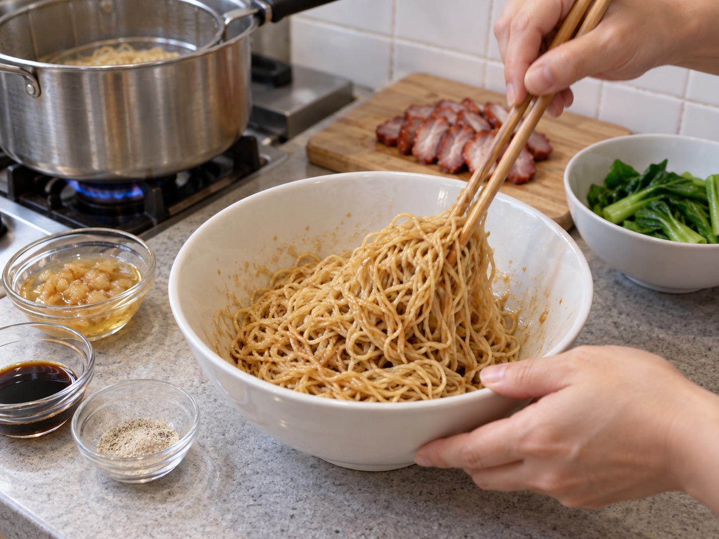 馬來西亞砂拉越乾撈麵 Kolo Mee — 熱麵放入調味碗，從碗底翻撈至每條發亮