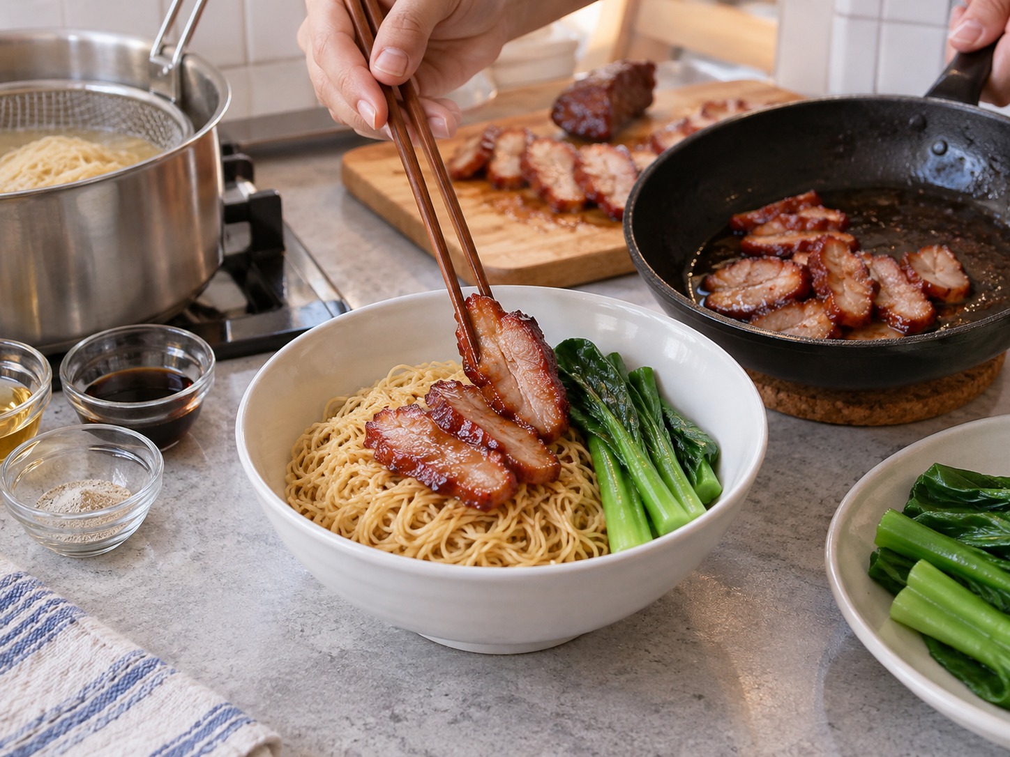 馬來西亞砂拉越乾撈麵 Kolo Mee — 菜心靠邊擺放，把仍然熱透的叉燒鋪在麵上