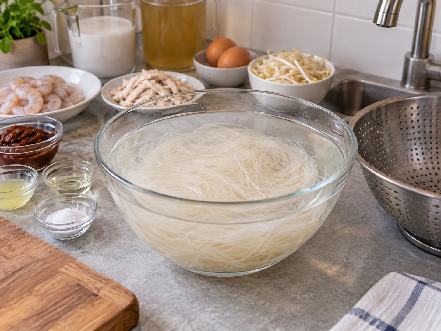 Laksa Sarawak — Rendam bihun air hangat lalu tiriskan