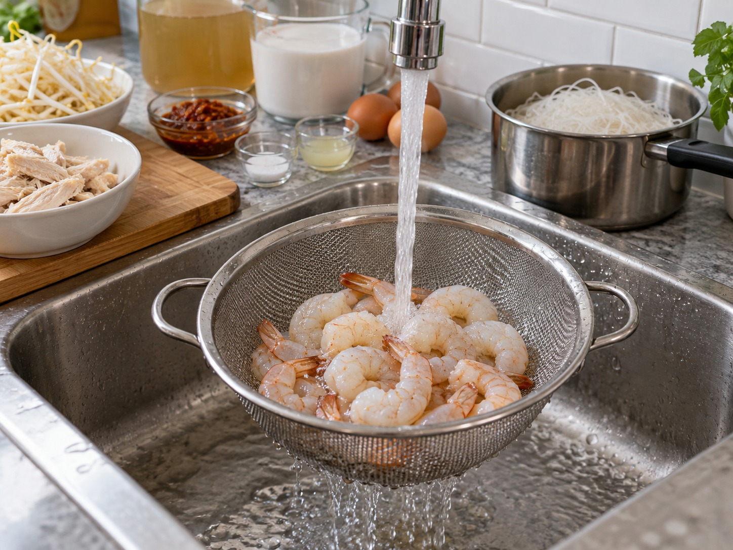 Laksa Sarawak — Cuci udang lalu tiriskan