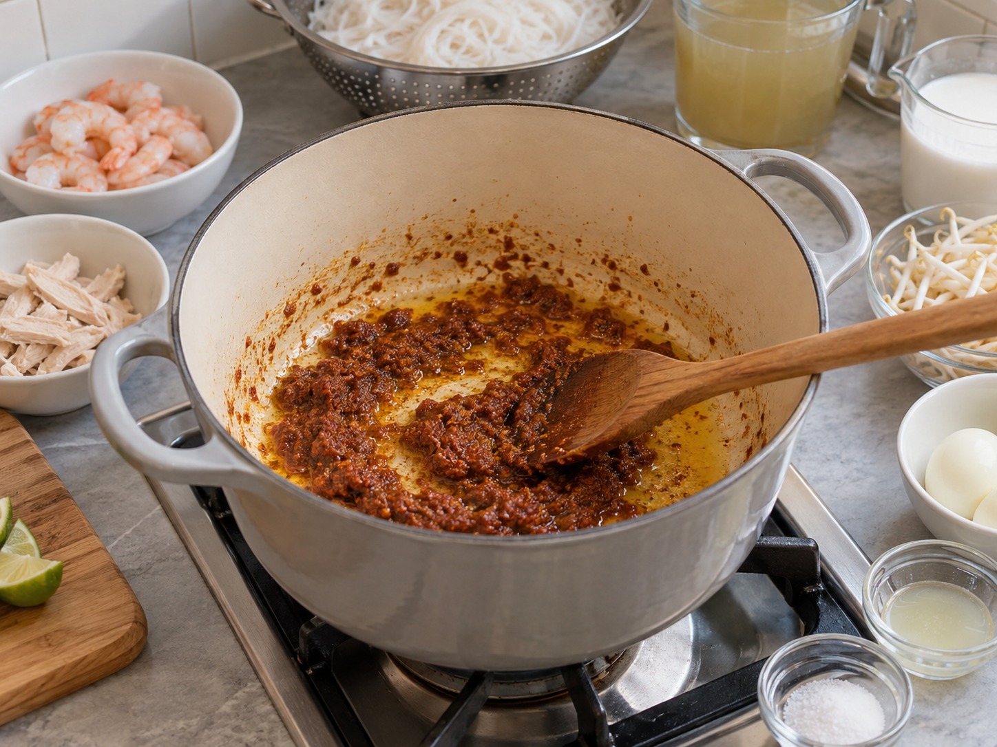 Laksa Sarawak — Panaskan minyak lalu tumis pasta laksa