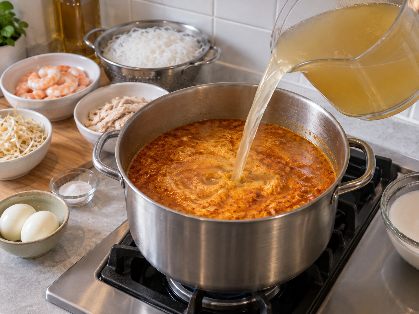 Laksa Sarawak — Tuang kaldu, aduk lalu didihkan