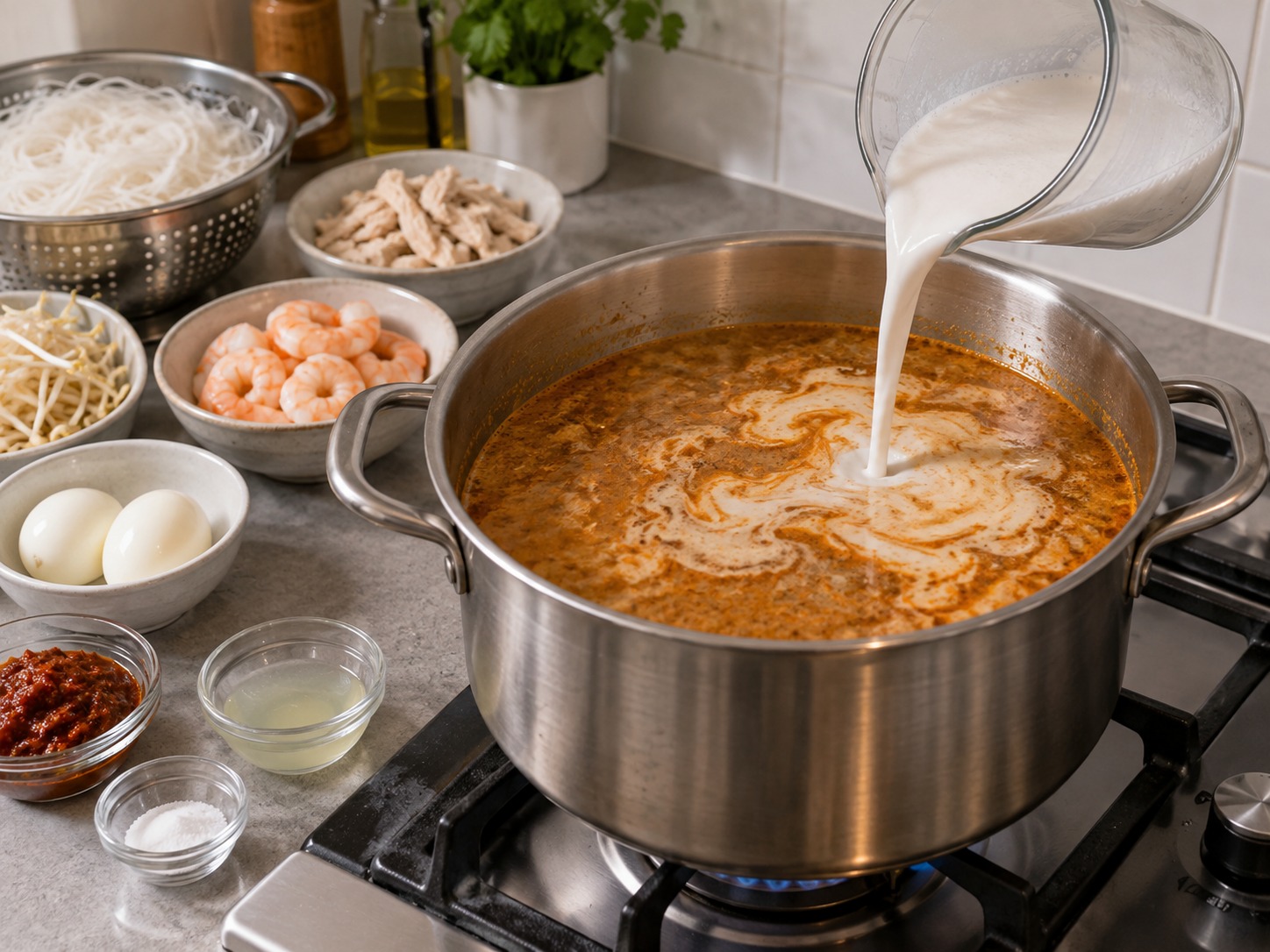 Laksa Sarawak — Masukkan santan lalu kecilkan api