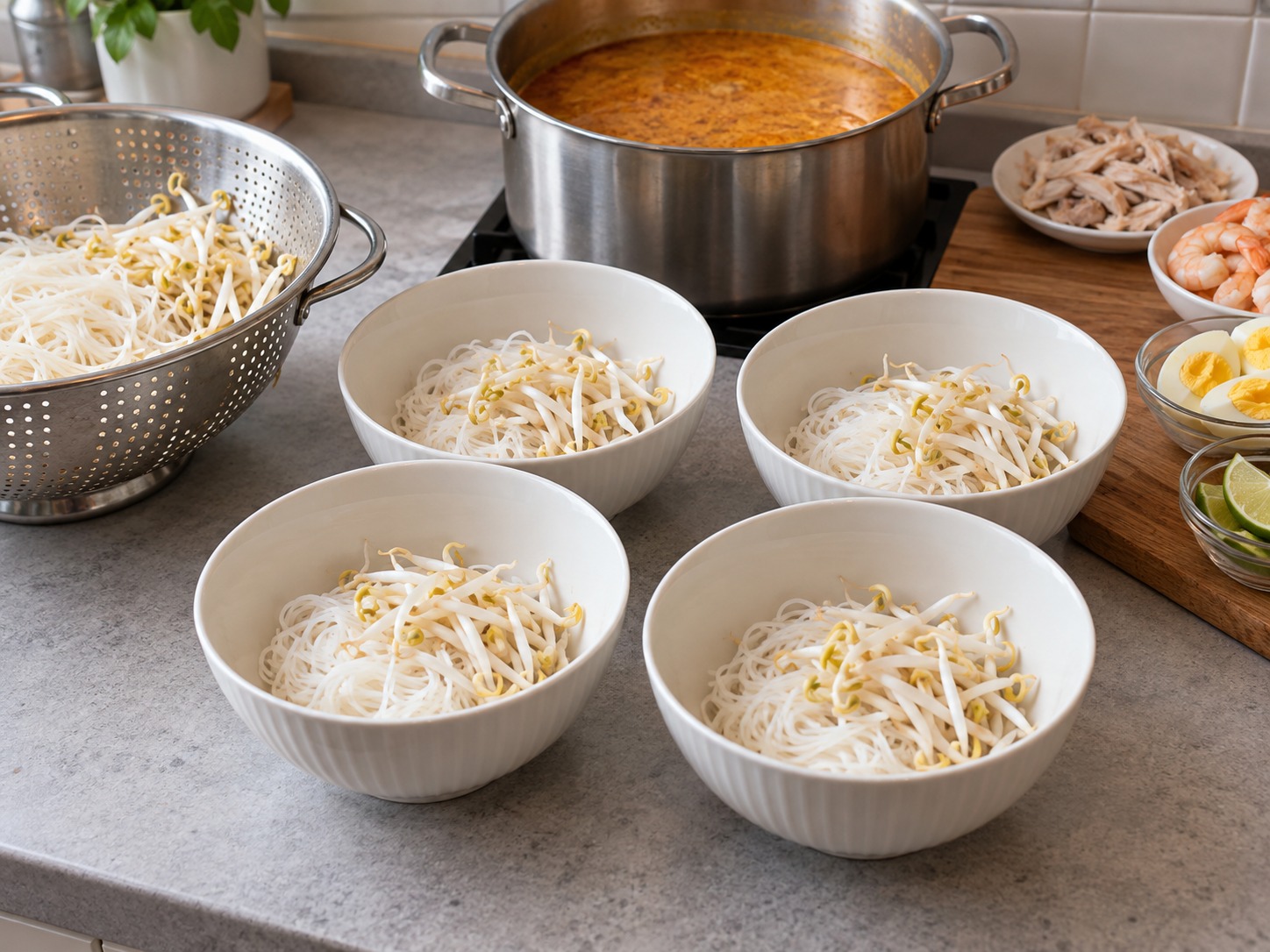 Laksa Sarawak — Bagi bihun dan tauge ke empat mangkuk