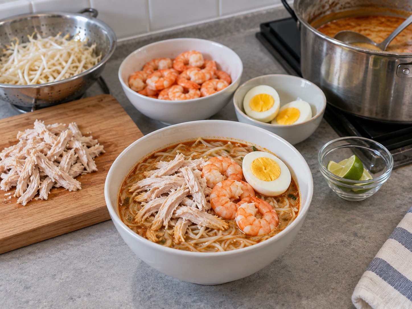 Laksa Sarawak — Tambahkan ayam suwir, udang dan setengah telur