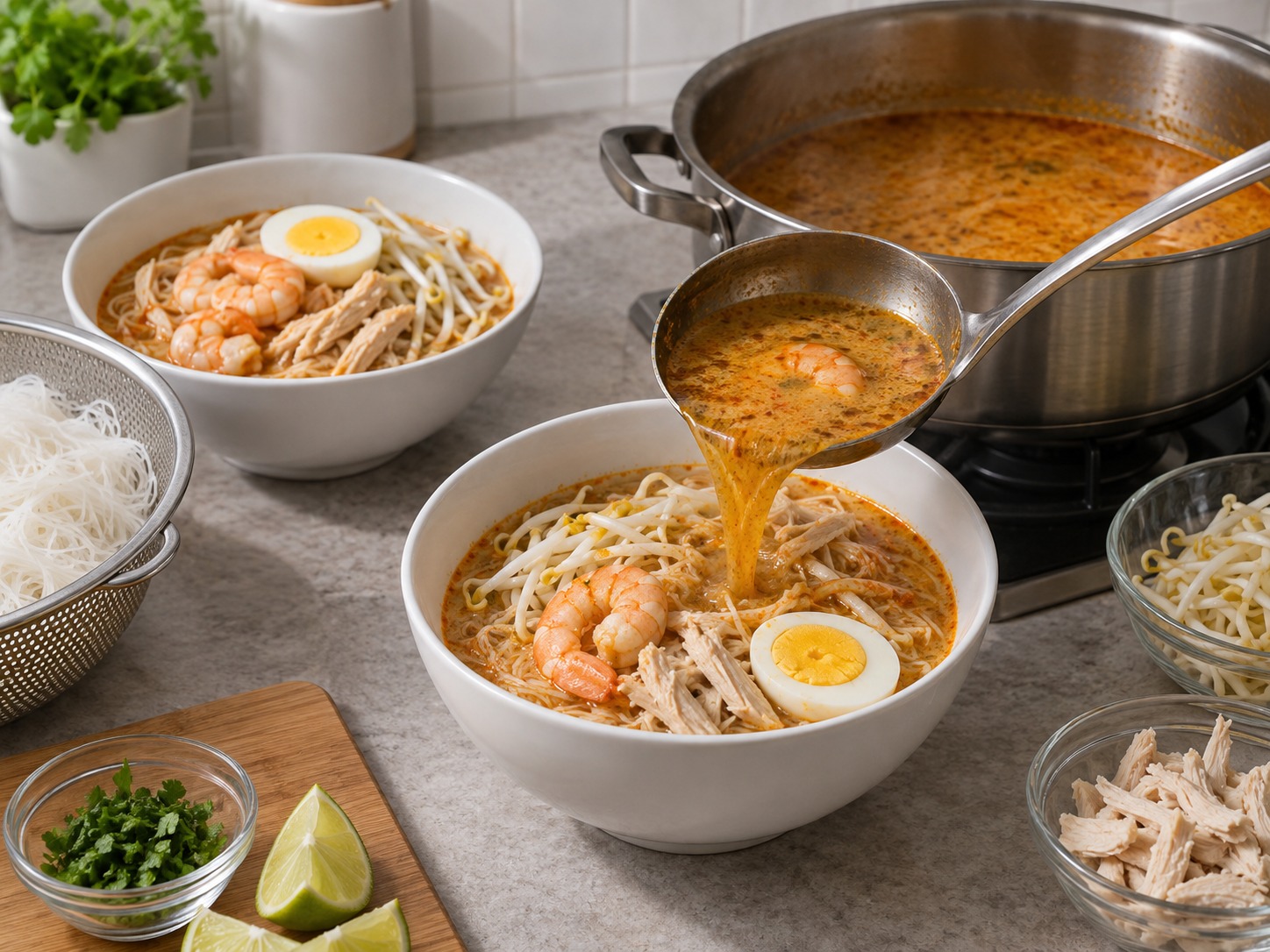 Laksa Sarawak — Siram kuah panas lalu sajikan segera