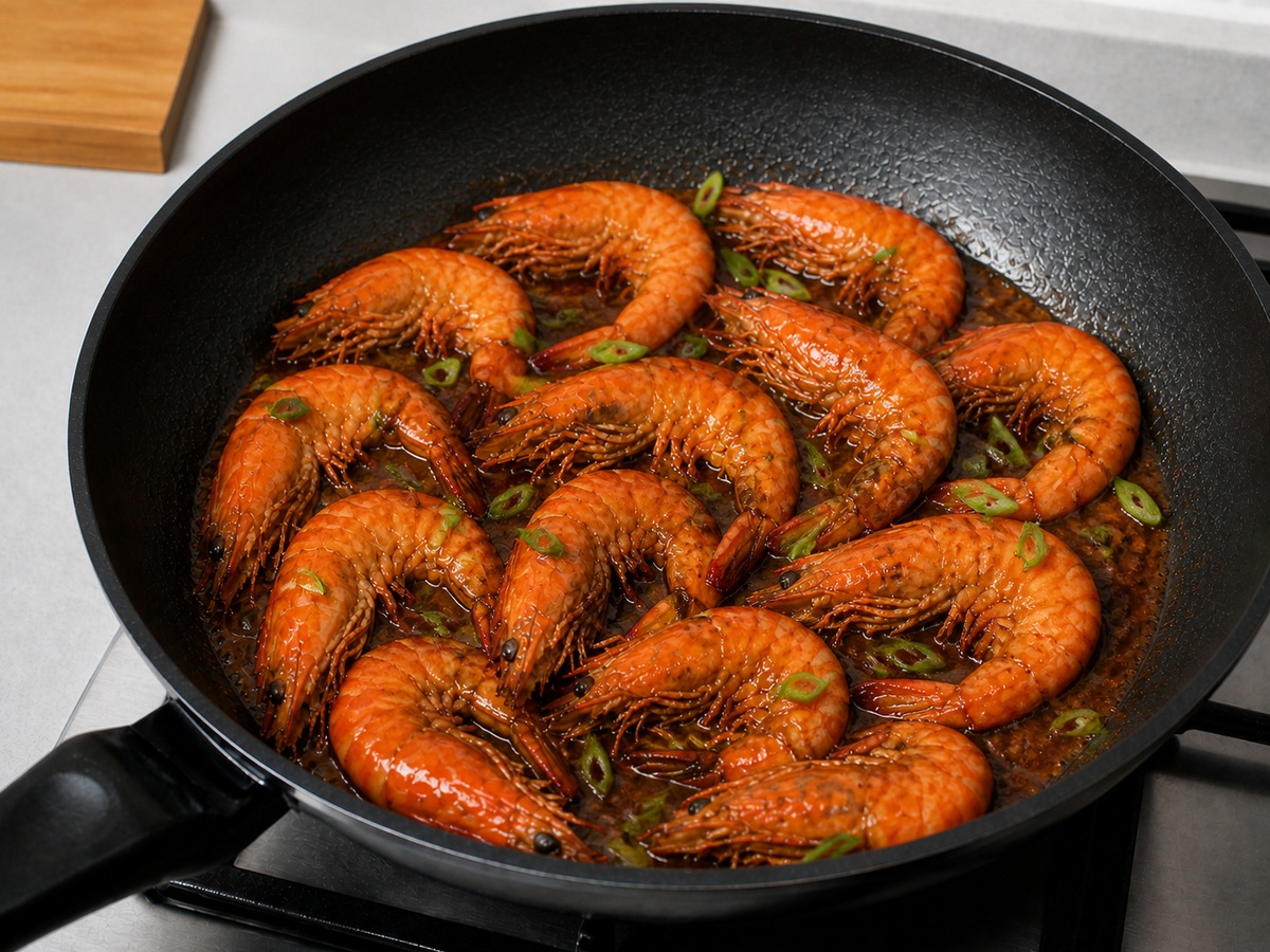 Udang Asam Malaysia: Udang tetap berkepala, berkulit, dan berekor sejak dirapikan hingga disajikan dengan glasir asam mengilap.