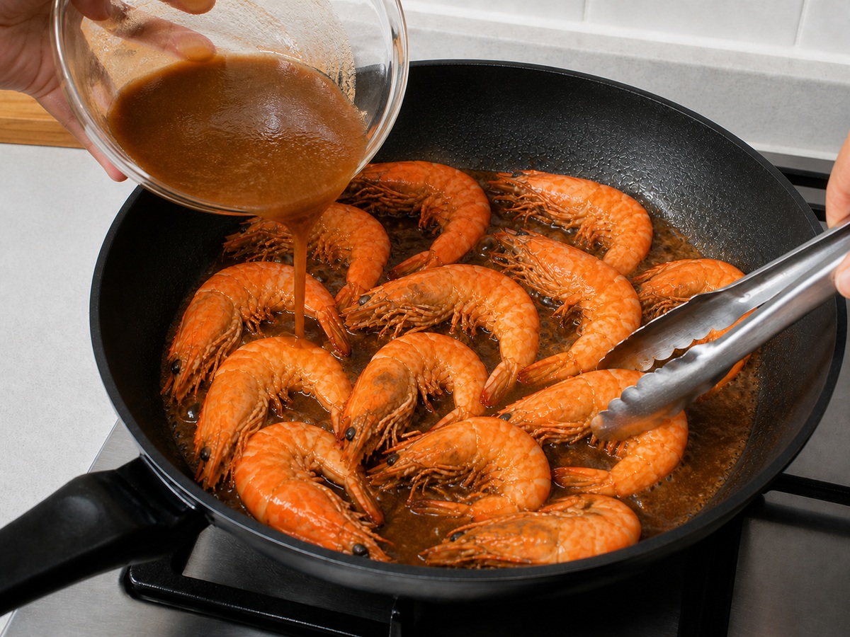 Ibuhos ang sampalok sa palibot ng hipon: Ibuhos ang buong timplang sampalok sa palibot, hindi direkta sa ibabaw, ng hipong may ulo. Kayurin ang mangkok, hinaan sa katamtaman at baligtarin minsan sa sarsa ang bawat hipong may balat at buntot.