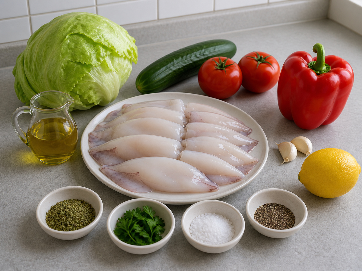 Ingredients arranged for Mediterranean Grilled Squid Salad