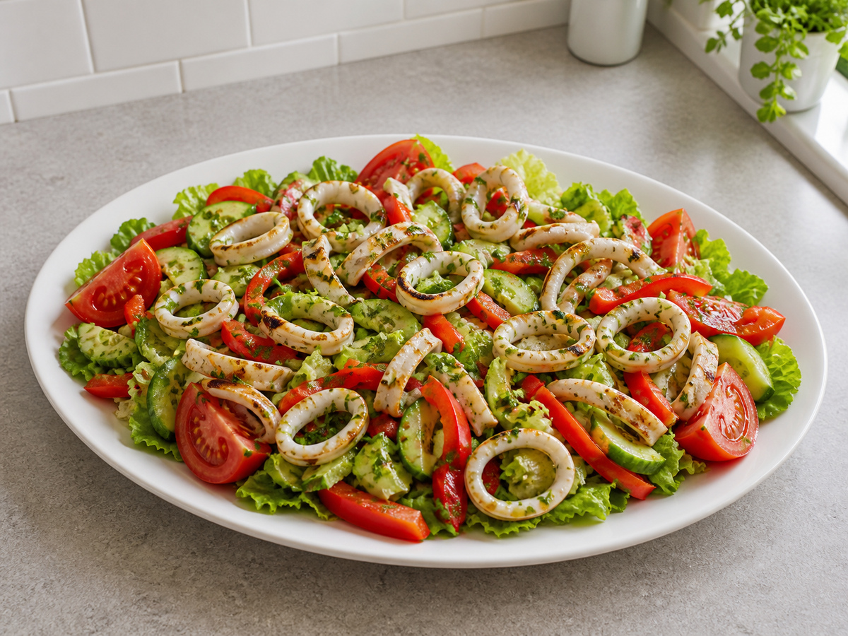 Mediterranean Grilled Squid Salad: Assemble